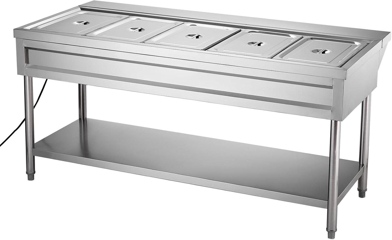 image:imageVEVOR 4Pan Commercial Food Warmer Electric Steam Table with Independent Temperature Control 450W x 4 Stainless Steel Buffet Catering Food Warmer with Undershelf and Workspace for Restaurant5x11Pan 120 Qt