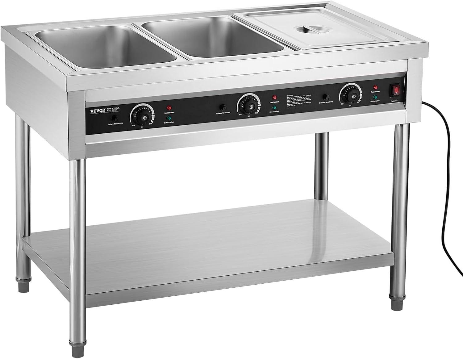 image:imageVEVOR 4Pan Commercial Food Warmer Electric Steam Table with Independent Temperature Control 450W x 4 Stainless Steel Buffet Catering Food Warmer with Undershelf and Workspace for Restaurant3x11Pan 72 Qt