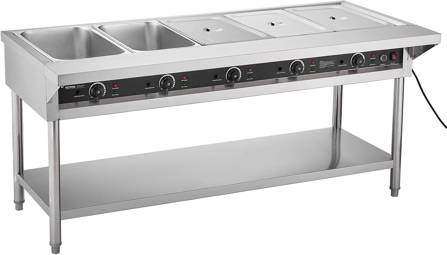 image:imageVEVOR 4Pan Commercial Food Warmer Electric Steam Table with Independent Temperature Control 450W x 4 Stainless Steel Buffet Catering Food Warmer with Undershelf and Workspace for Restaurant5x11Pan 120 Qt