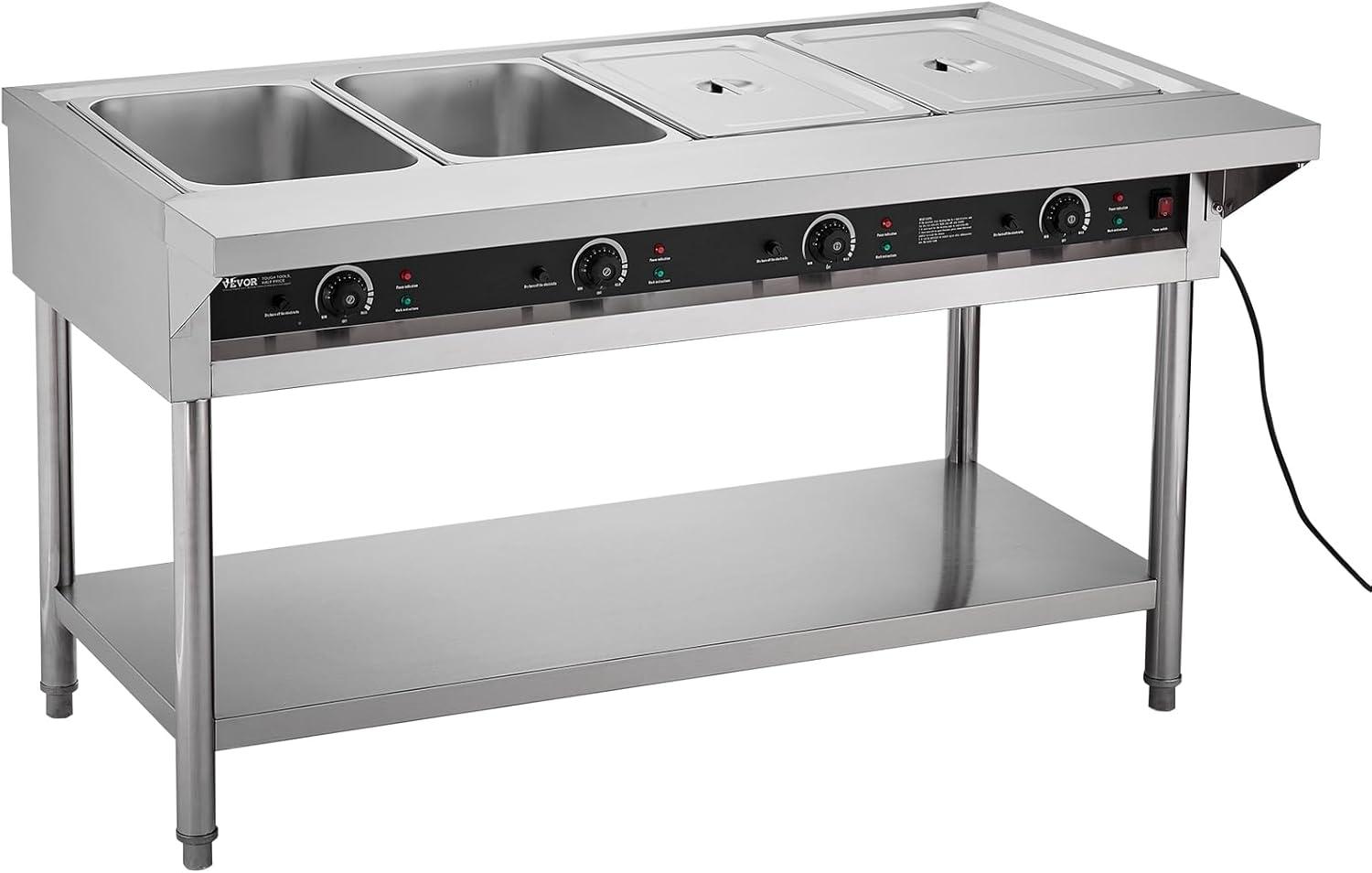image:imageVEVOR 4Pan Commercial Food Warmer Electric Steam Table with Independent Temperature Control 450W x 4 Stainless Steel Buffet Catering Food Warmer with Undershelf and Workspace for Restaurant4x11Pan 96 Qt