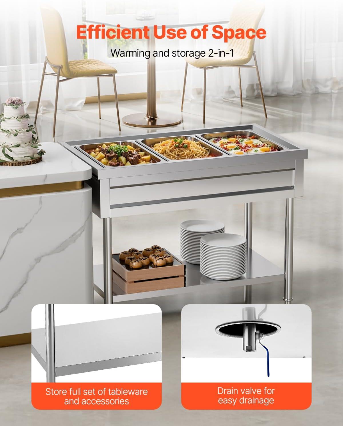 image:imageVEVOR 4Pan Commercial Food Warmer Electric Steam Table with Independent Temperature Control 450W x 4 Stainless Steel Buffet Catering Food Warmer with Undershelf and Workspace for Restaurant3x11Pan 72 Qt
