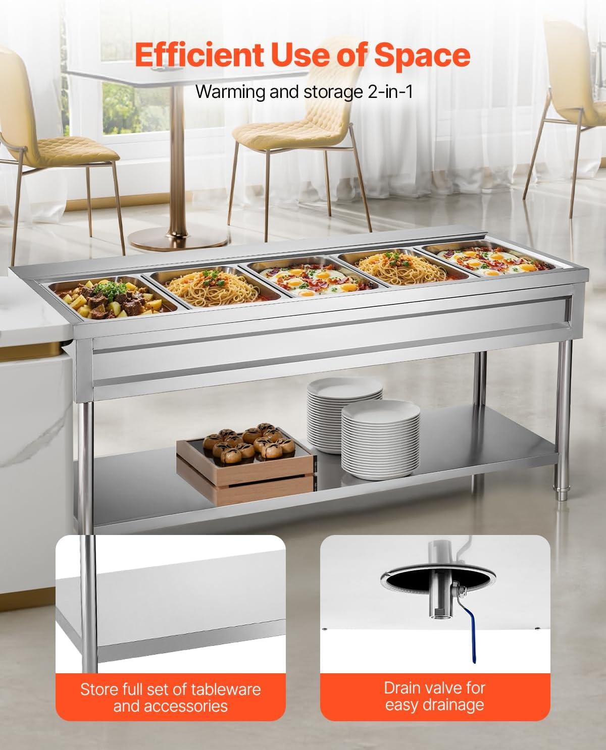 image:imageVEVOR 4Pan Commercial Food Warmer Electric Steam Table with Independent Temperature Control 450W x 4 Stainless Steel Buffet Catering Food Warmer with Undershelf and Workspace for Restaurant5x11Pan 120 Qt