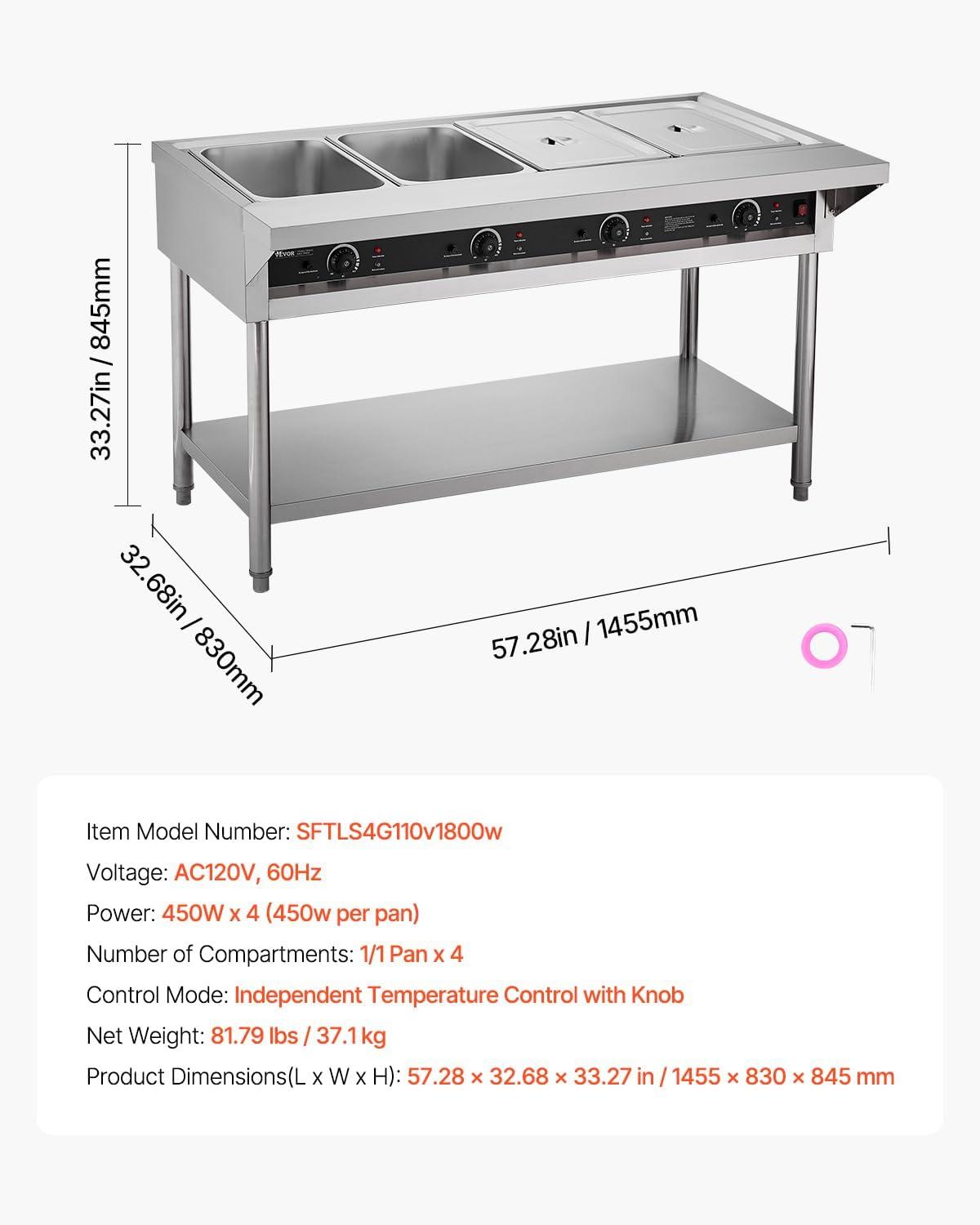 image:imageVEVOR 4Pan Commercial Food Warmer Electric Steam Table with Independent Temperature Control 450W x 4 Stainless Steel Buffet Catering Food Warmer with Undershelf and Workspace for Restaurant4x11Pan 96 Qt