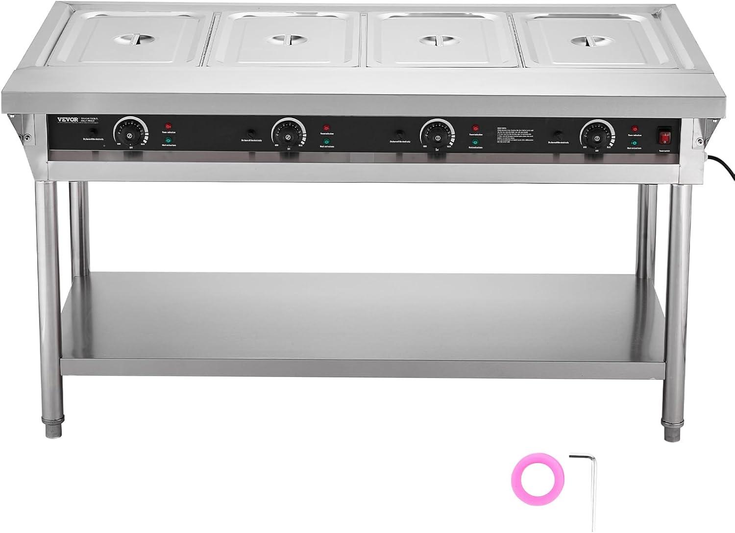 image:imageVEVOR 4Pan Commercial Food Warmer Electric Steam Table with Independent Temperature Control 450W x 4 Stainless Steel Buffet Catering Food Warmer with Undershelf and Workspace for Restaurant4x11Pan 96 Qt
