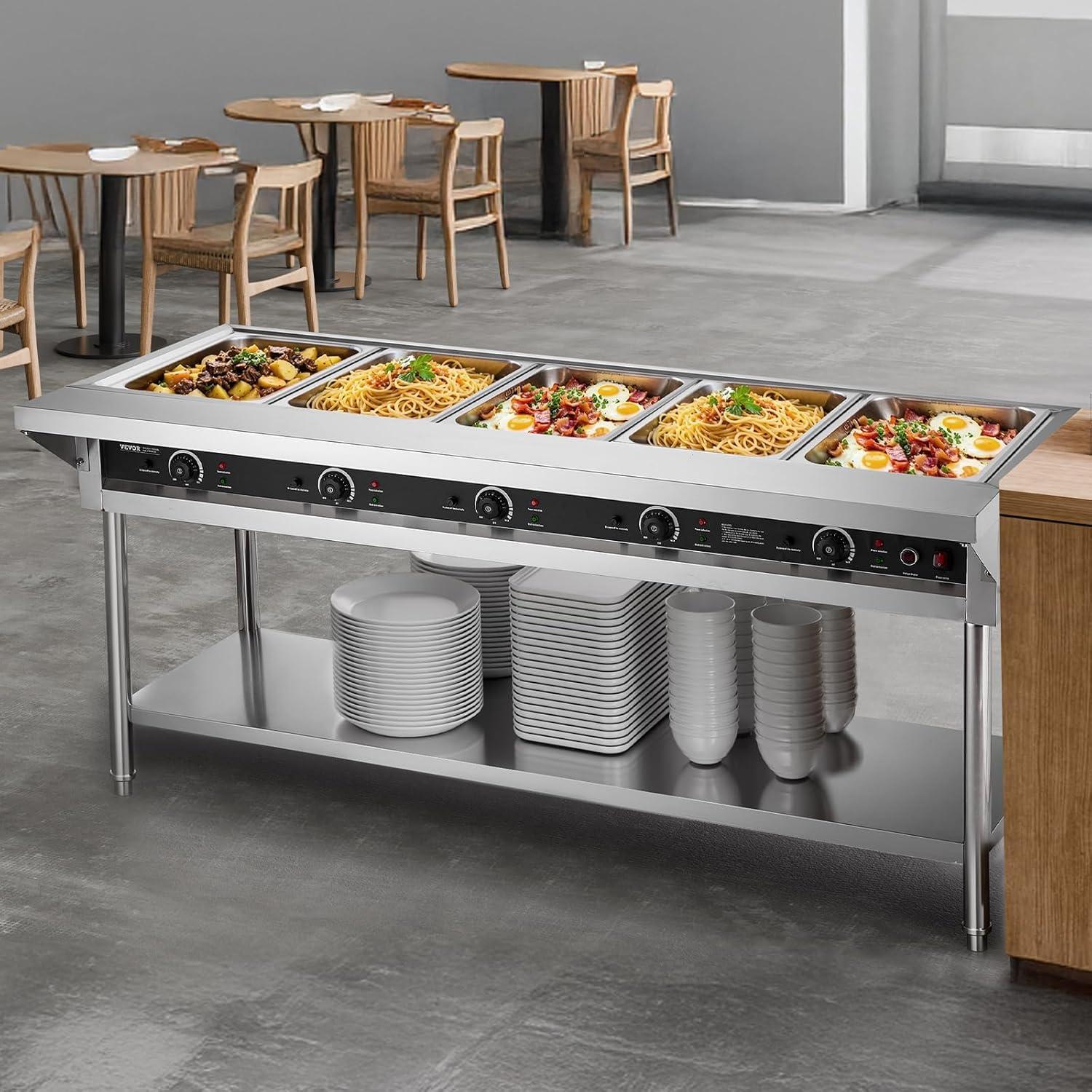image:imageVEVOR 4Pan Commercial Food Warmer Electric Steam Table with Independent Temperature Control 450W x 4 Stainless Steel Buffet Catering Food Warmer with Undershelf and Workspace for Restaurant5x11Pan 120 Qt