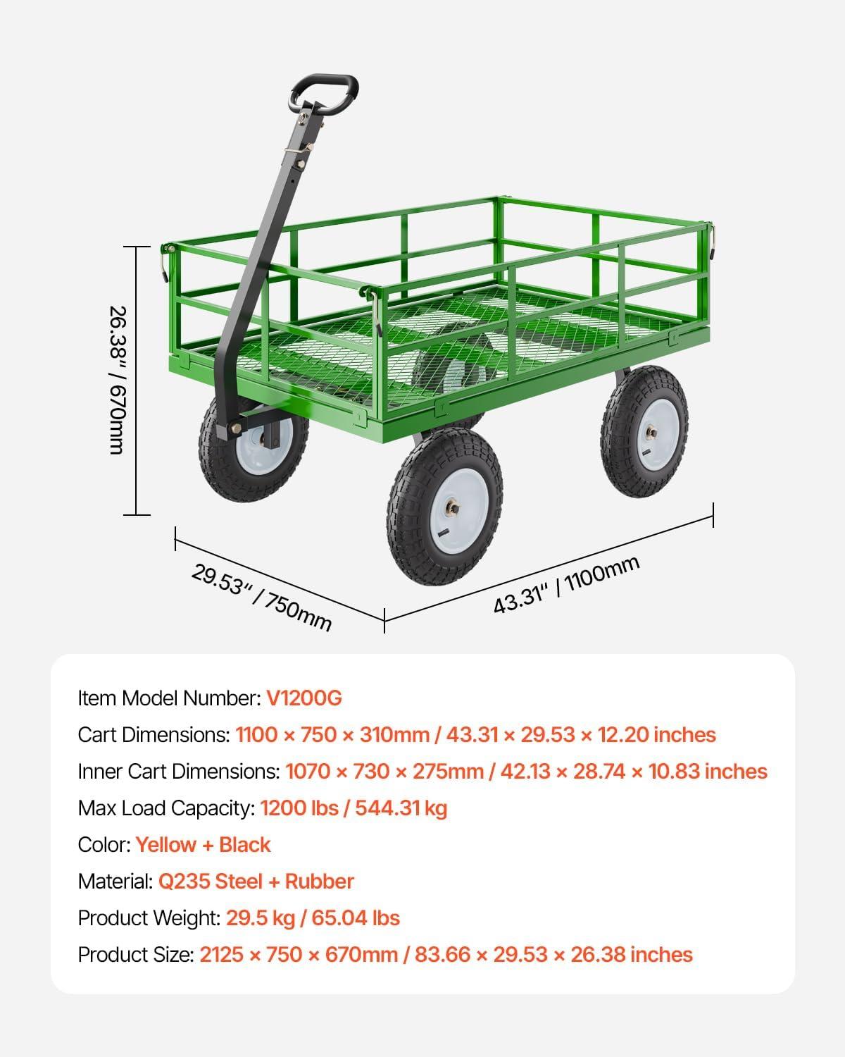 image:imageVEVOR 500 Lbs Steel Garden Cart Heavy Duty Garden Wagon Cart Pullable on Wheels Metal Yard Utility Wagon Carts with 10 All Terrain Tires Mesh Removable Sides and 180Rotating HandleBlackgreen
