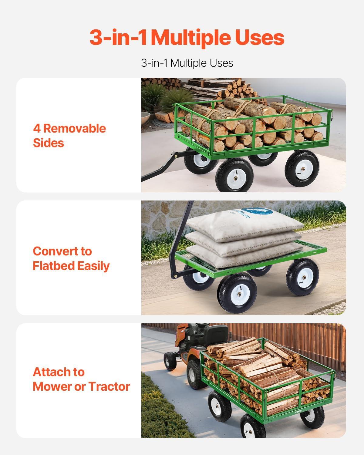 image:imageVEVOR 500 Lbs Steel Garden Cart Heavy Duty Garden Wagon Cart Pullable on Wheels Metal Yard Utility Wagon Carts with 10 All Terrain Tires Mesh Removable Sides and 180Rotating HandleBlackgreen