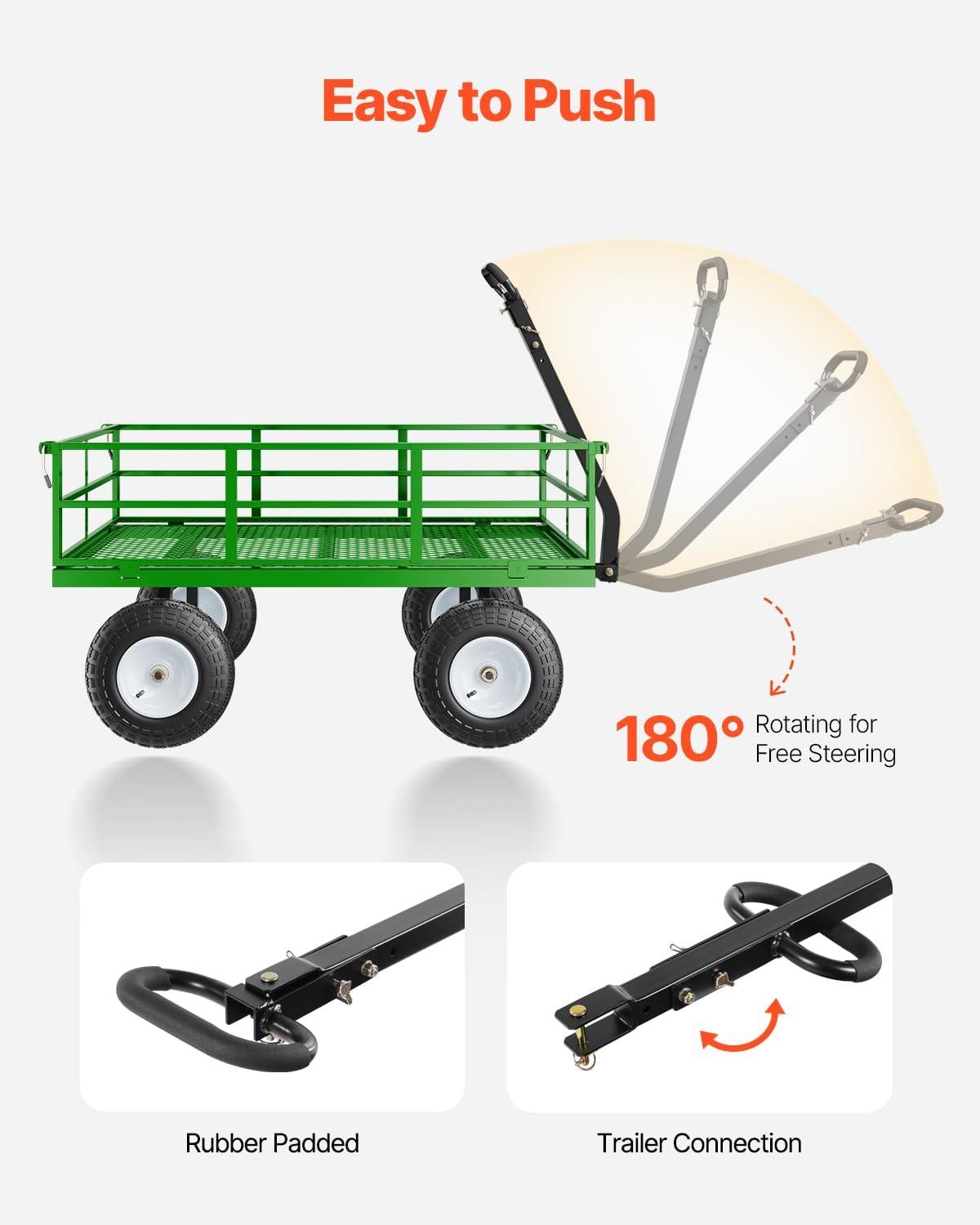 image:imageVEVOR 500 Lbs Steel Garden Cart Heavy Duty Garden Wagon Cart Pullable on Wheels Metal Yard Utility Wagon Carts with 10 All Terrain Tires Mesh Removable Sides and 180Rotating HandleBlackgreen