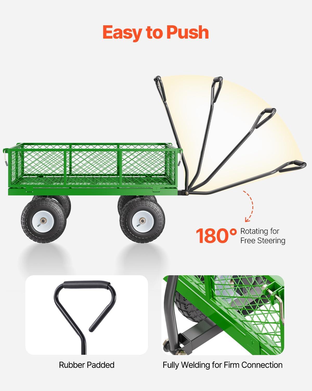 image:imageVEVOR 500 Lbs Steel Garden Cart Heavy Duty Garden Wagon Cart Pullable on Wheels Metal Yard Utility Wagon Carts with 10 All Terrain Tires Mesh Removable Sides and 180Rotating HandleBlackgreen