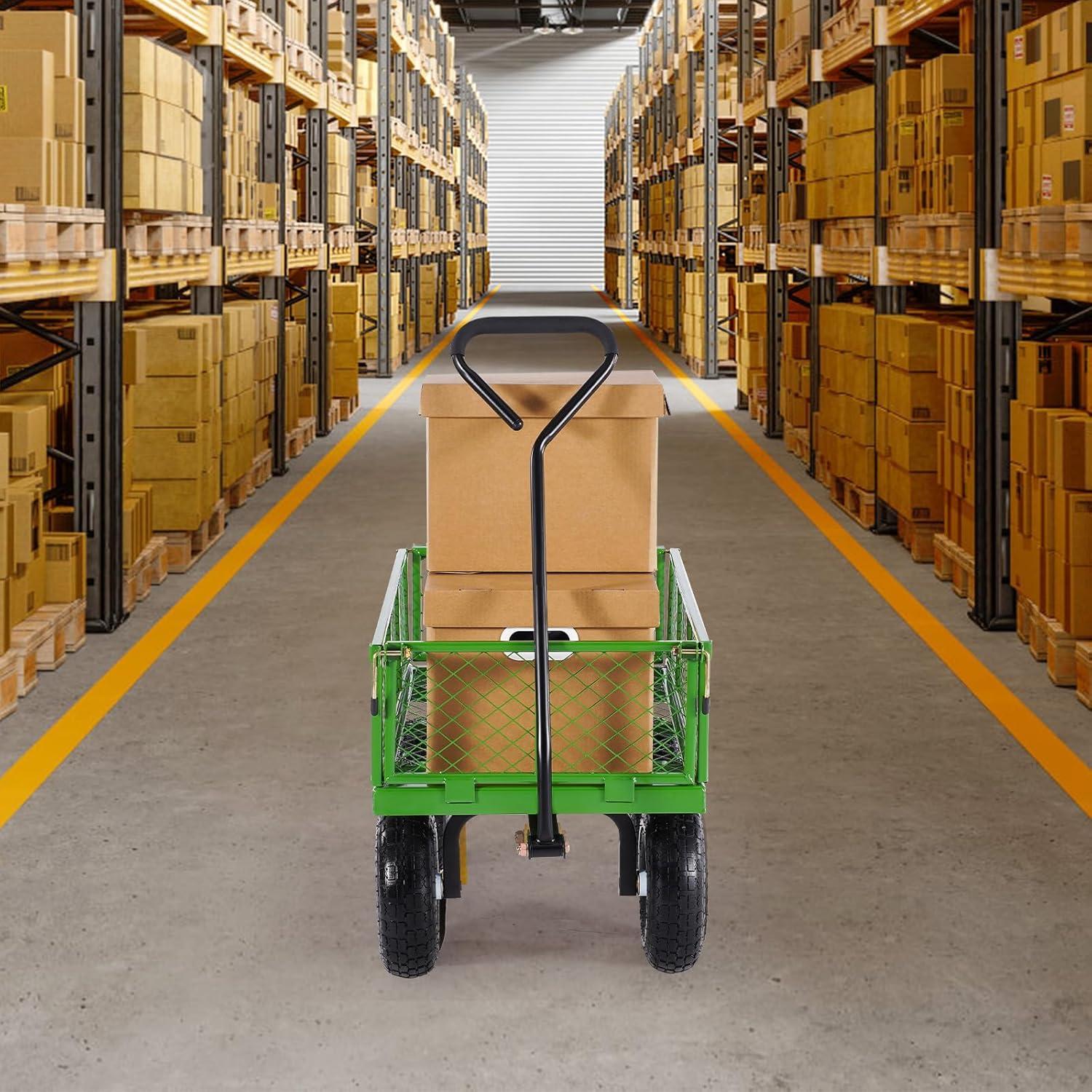 image:imageVEVOR 500 Lbs Steel Garden Cart Heavy Duty Garden Wagon Cart Pullable on Wheels Metal Yard Utility Wagon Carts with 10 All Terrain Tires Mesh Removable Sides and 180Rotating HandleBlackgreen