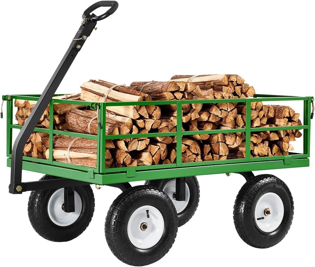 image:imageVEVOR 500 Lbs Steel Garden Cart Heavy Duty Garden Wagon Cart Pullable on Wheels Metal Yard Utility Wagon Carts with 10 All Terrain Tires Mesh Removable Sides and 180Rotating HandleBlackgreen