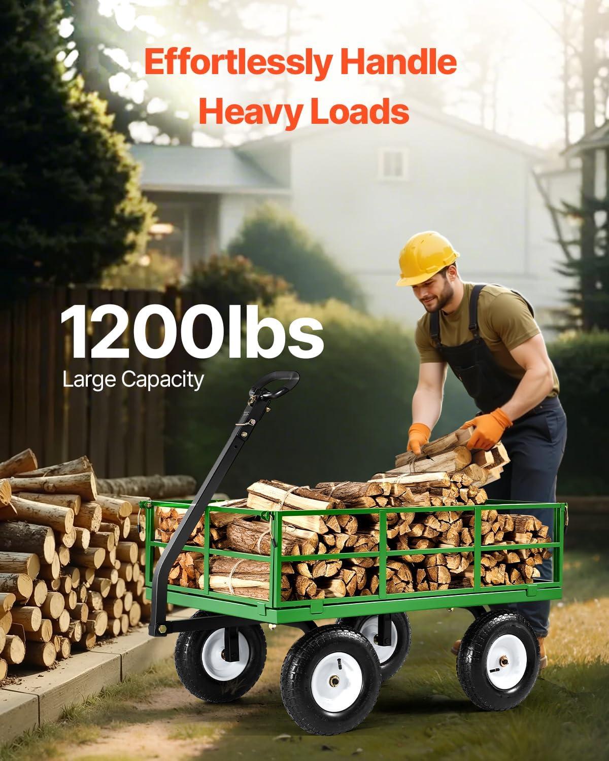 image:imageVEVOR 500 Lbs Steel Garden Cart Heavy Duty Garden Wagon Cart Pullable on Wheels Metal Yard Utility Wagon Carts with 10 All Terrain Tires Mesh Removable Sides and 180Rotating HandleBlackgreen