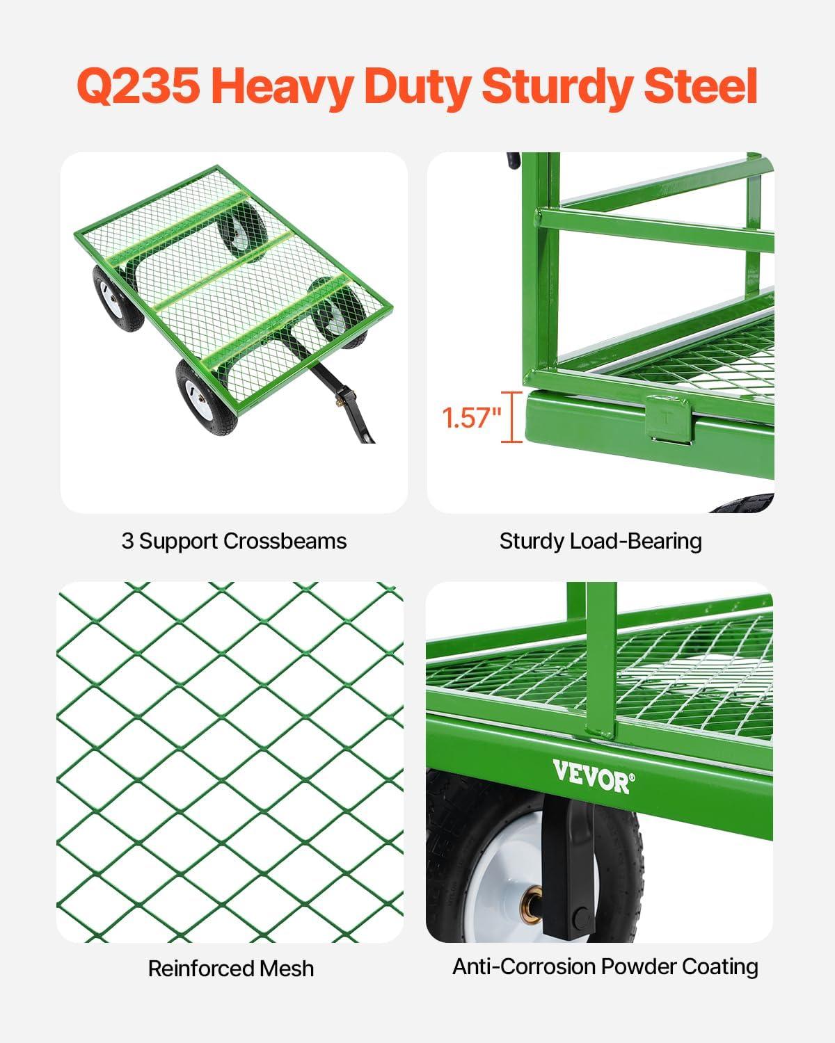 image:imageVEVOR 500 Lbs Steel Garden Cart Heavy Duty Garden Wagon Cart Pullable on Wheels Metal Yard Utility Wagon Carts with 10 All Terrain Tires Mesh Removable Sides and 180Rotating HandleBlackgreen