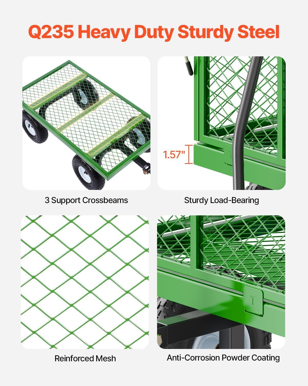 image:imageVEVOR 500 Lbs Steel Garden Cart Heavy Duty Garden Wagon Cart Pullable on Wheels Metal Yard Utility Wagon Carts with 10 All Terrain Tires Mesh Removable Sides and 180Rotating HandleBlackgreen