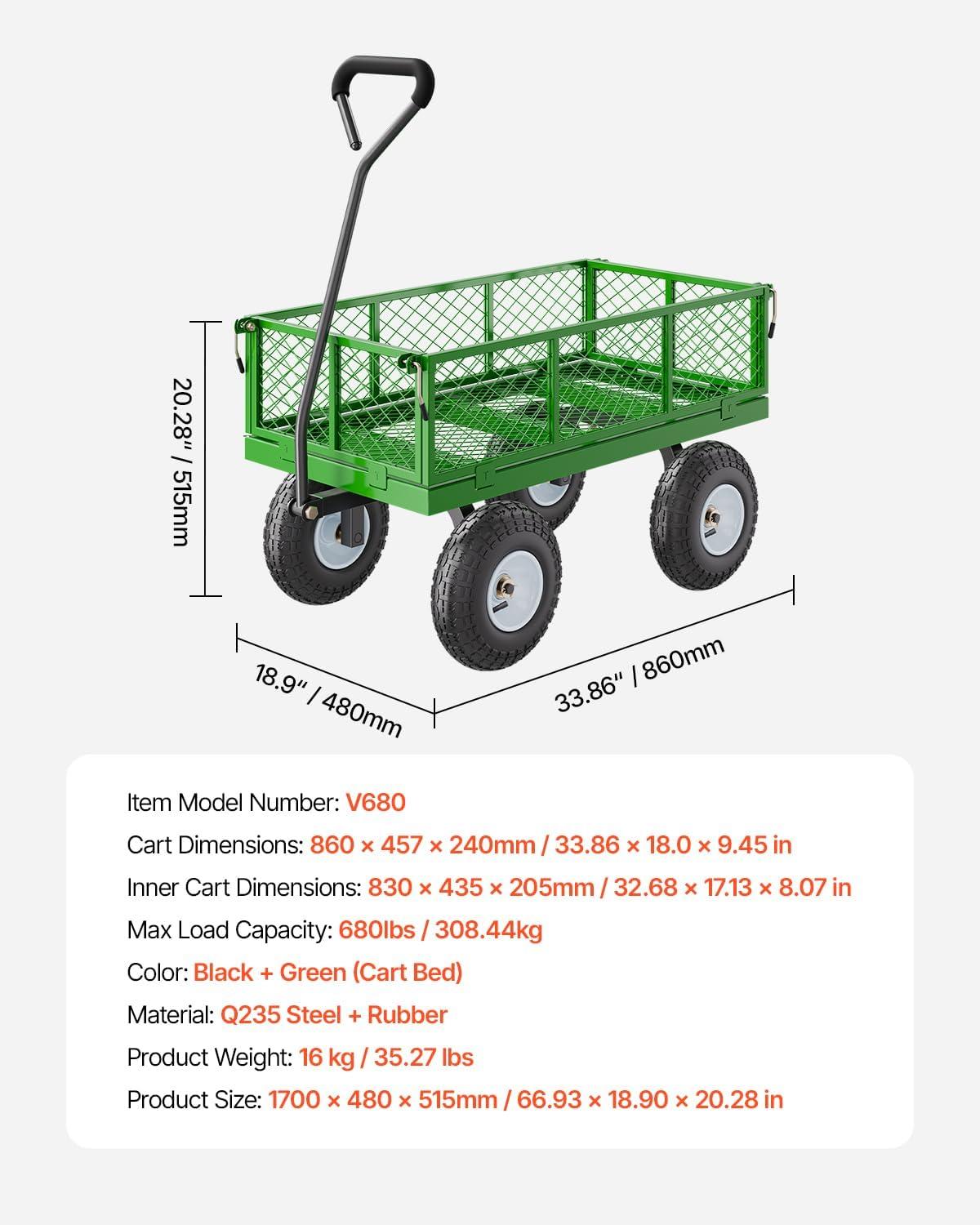 image:imageVEVOR 500 Lbs Steel Garden Cart Heavy Duty Garden Wagon Cart Pullable on Wheels Metal Yard Utility Wagon Carts with 10 All Terrain Tires Mesh Removable Sides and 180Rotating HandleBlackgreen