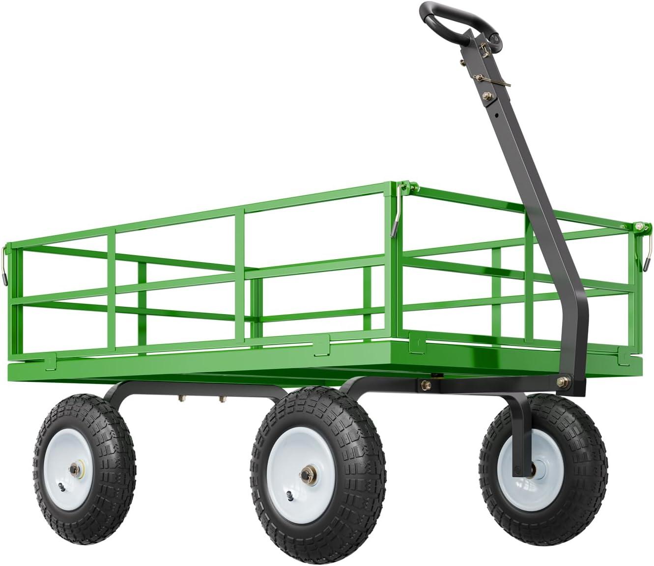 image:imageVEVOR 500 Lbs Steel Garden Cart Heavy Duty Garden Wagon Cart Pullable on Wheels Metal Yard Utility Wagon Carts with 10 All Terrain Tires Mesh Removable Sides and 180Rotating HandleBlackgreen