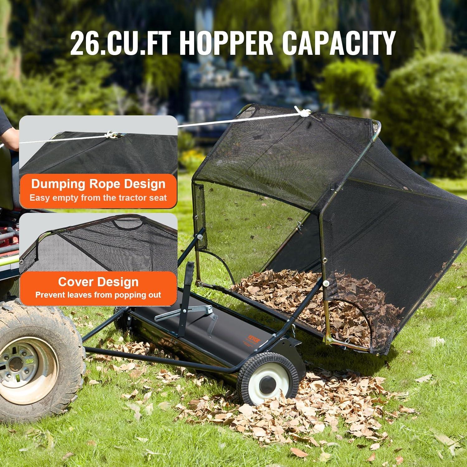 image:imageVEVOR 52 Inch Lawn Sweeper Tow Behind 26 cuft Large Pull Behind Grass Sweeper Heavy Duty Leaf amp Grass Collector with Dumping Rope Design Adjustable Sweeping Height for Picking Up Debris amp Grass