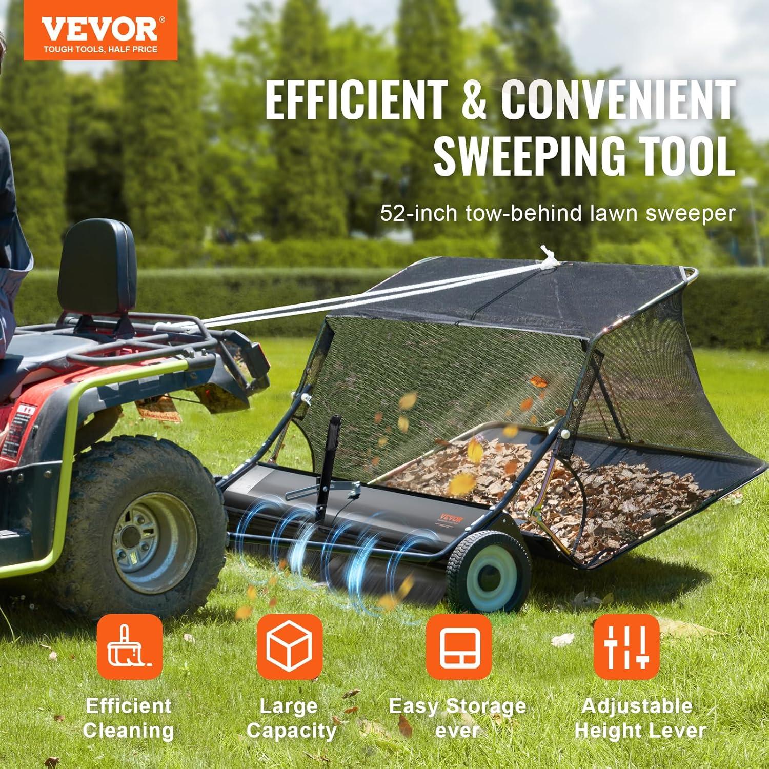 image:imageVEVOR 52 Inch Lawn Sweeper Tow Behind 26 cuft Large Pull Behind Grass Sweeper Heavy Duty Leaf amp Grass Collector with Dumping Rope Design Adjustable Sweeping Height for Picking Up Debris amp Grass