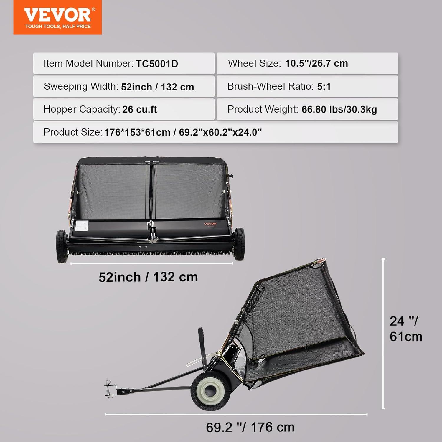 image:imageVEVOR 52 Inch Lawn Sweeper Tow Behind 26 cuft Large Pull Behind Grass Sweeper Heavy Duty Leaf amp Grass Collector with Dumping Rope Design Adjustable Sweeping Height for Picking Up Debris amp Grass