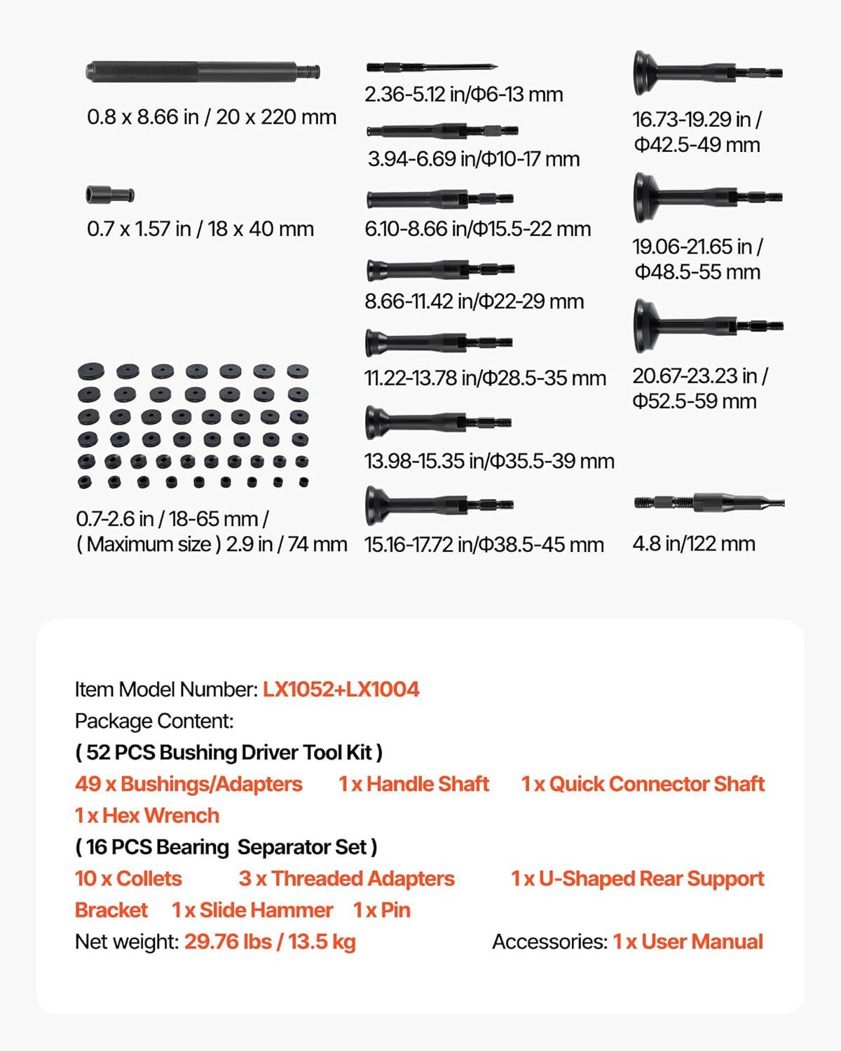 image:imageVEVOR 52pcs Custom Bushing Bearing And Seal Driver Set amp 16pcs Slide Hammer Puller Set 2 in 1 Bushing Bearing Driver Press Kit Heavy Duty Removal Puller Installation Set with 49 Bushings 10 Colletsslide hammer pullerbearing race driver