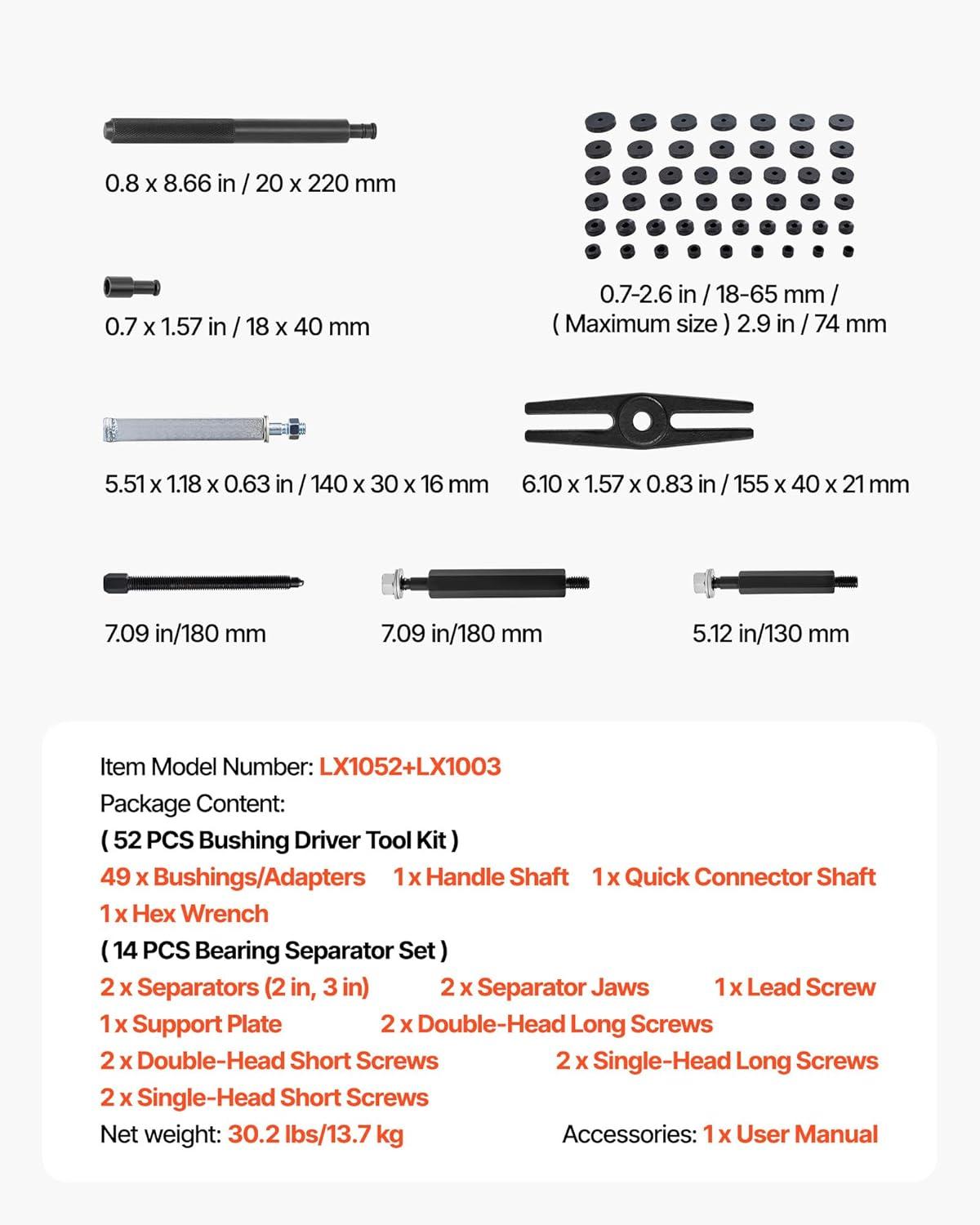 image:imageVEVOR 52pcs Custom Bushing Bearing And Seal Driver Set amp 16pcs Slide Hammer Puller Set 2 in 1 Bushing Bearing Driver Press Kit Heavy Duty Removal Puller Installation Set with 49 Bushings 10 Colletsbearing pullerbearing race driver