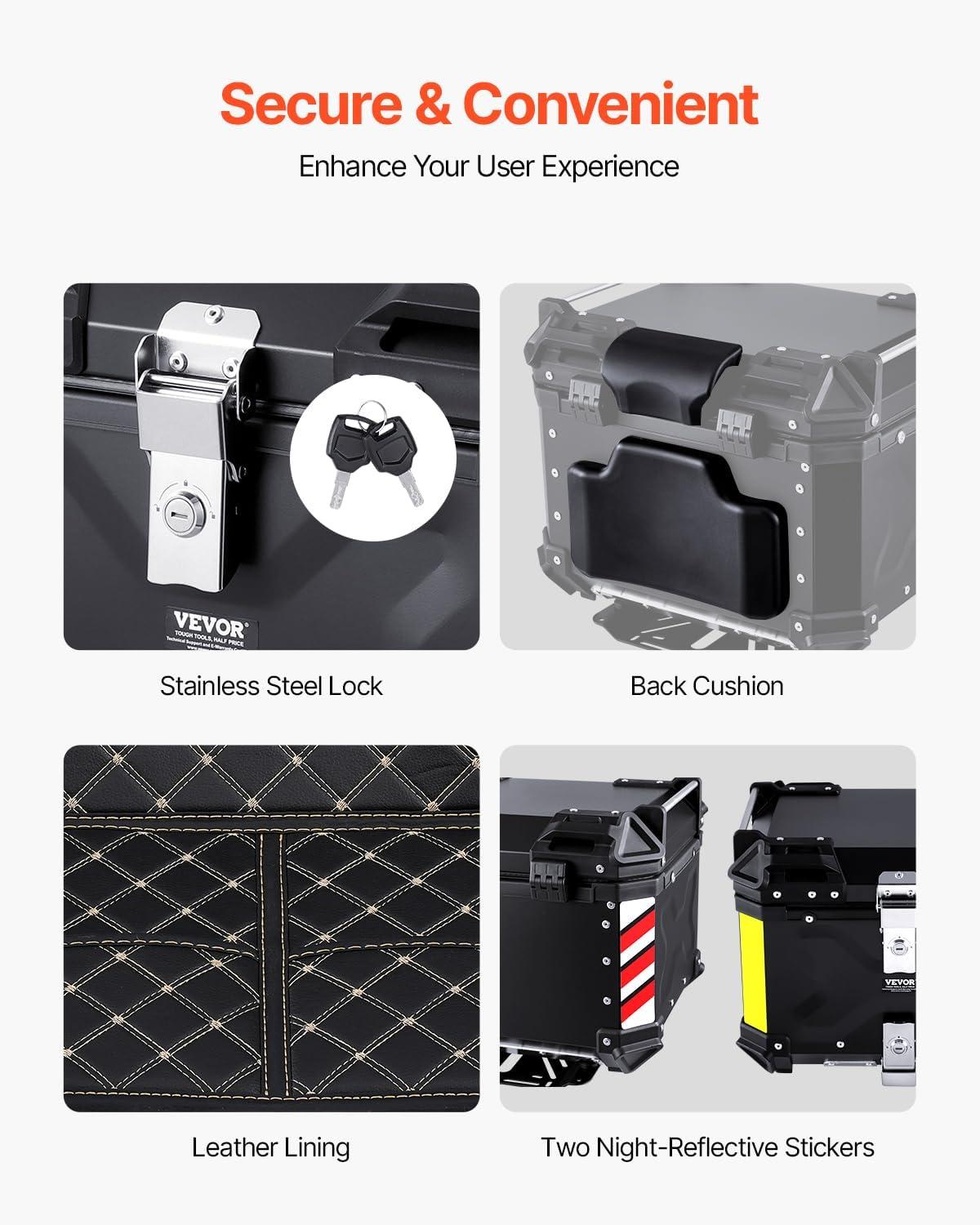 image:imageVEVOR 55L Universal Aluminum Alloy Motorbike Tail Box with Leather Lining Waterproof Detachable Motorcycle Top Box with Lock amp Back Cushion Fit for 99 of Motorcycle Frames