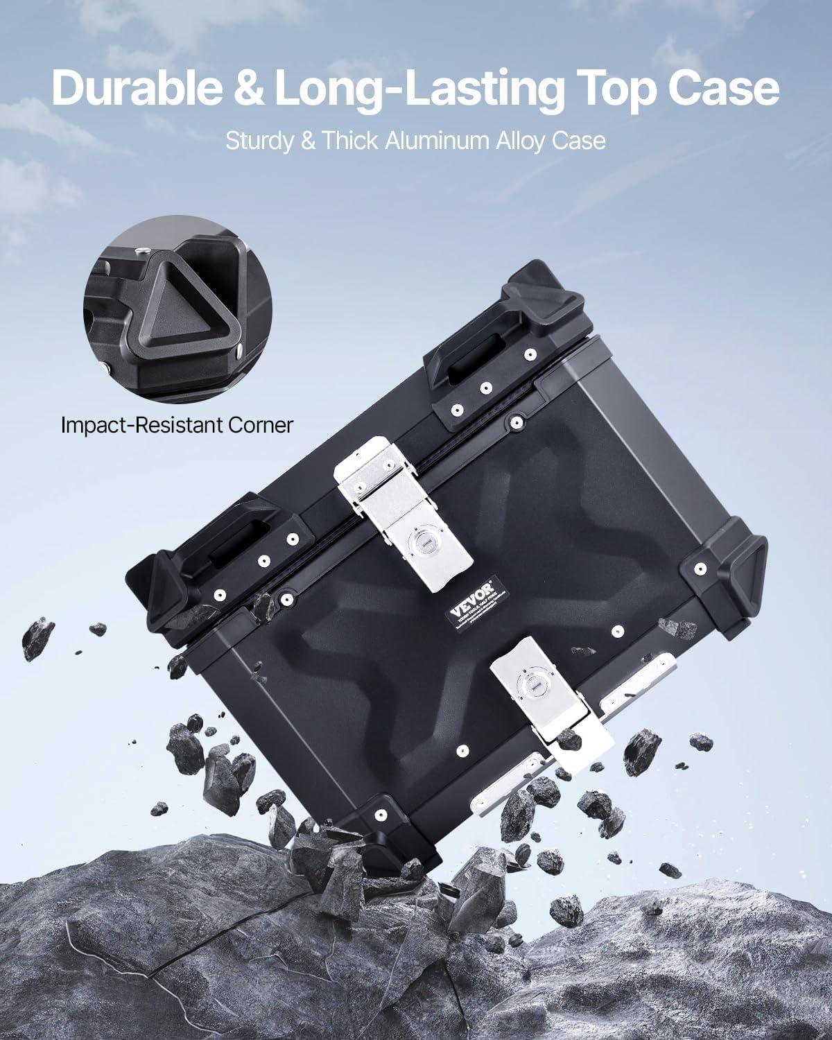 image:imageVEVOR 55L Universal Aluminum Alloy Motorbike Tail Box with Leather Lining Waterproof Detachable Motorcycle Top Box with Lock amp Back Cushion Fit for 99 of Motorcycle Frames