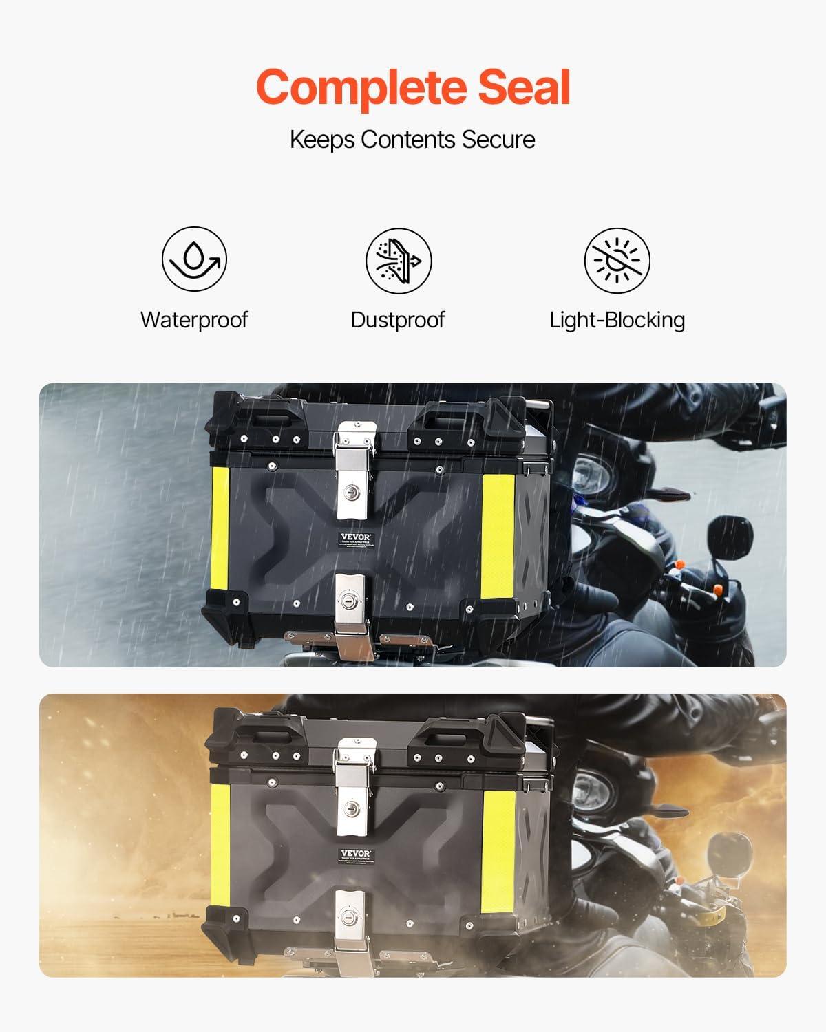 image:imageVEVOR 55L Universal Aluminum Alloy Motorbike Tail Box with Leather Lining Waterproof Detachable Motorcycle Top Box with Lock amp Back Cushion Fit for 99 of Motorcycle Frames