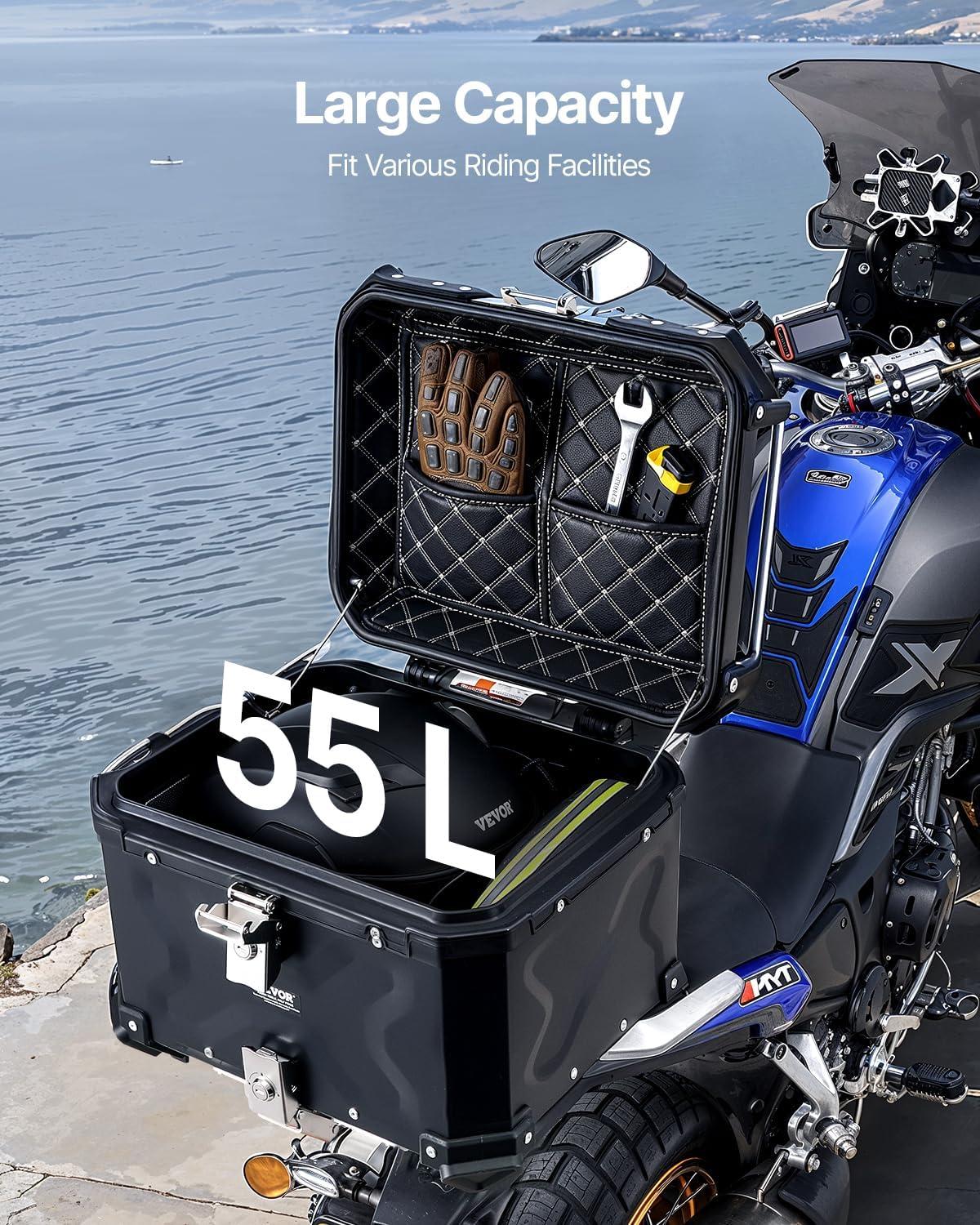 image:imageVEVOR 55L Universal Aluminum Alloy Motorbike Tail Box with Leather Lining Waterproof Detachable Motorcycle Top Box with Lock amp Back Cushion Fit for 99 of Motorcycle Frames