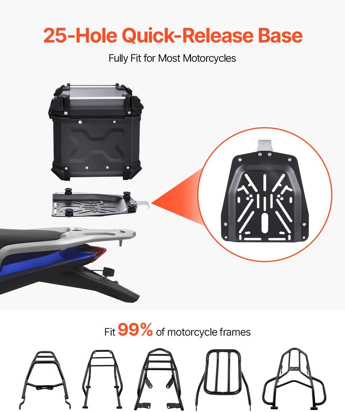 image:imageVEVOR 55L Universal Aluminum Alloy Motorbike Tail Box with Leather Lining Waterproof Detachable Motorcycle Top Box with Lock amp Back Cushion Fit for 99 of Motorcycle Frames