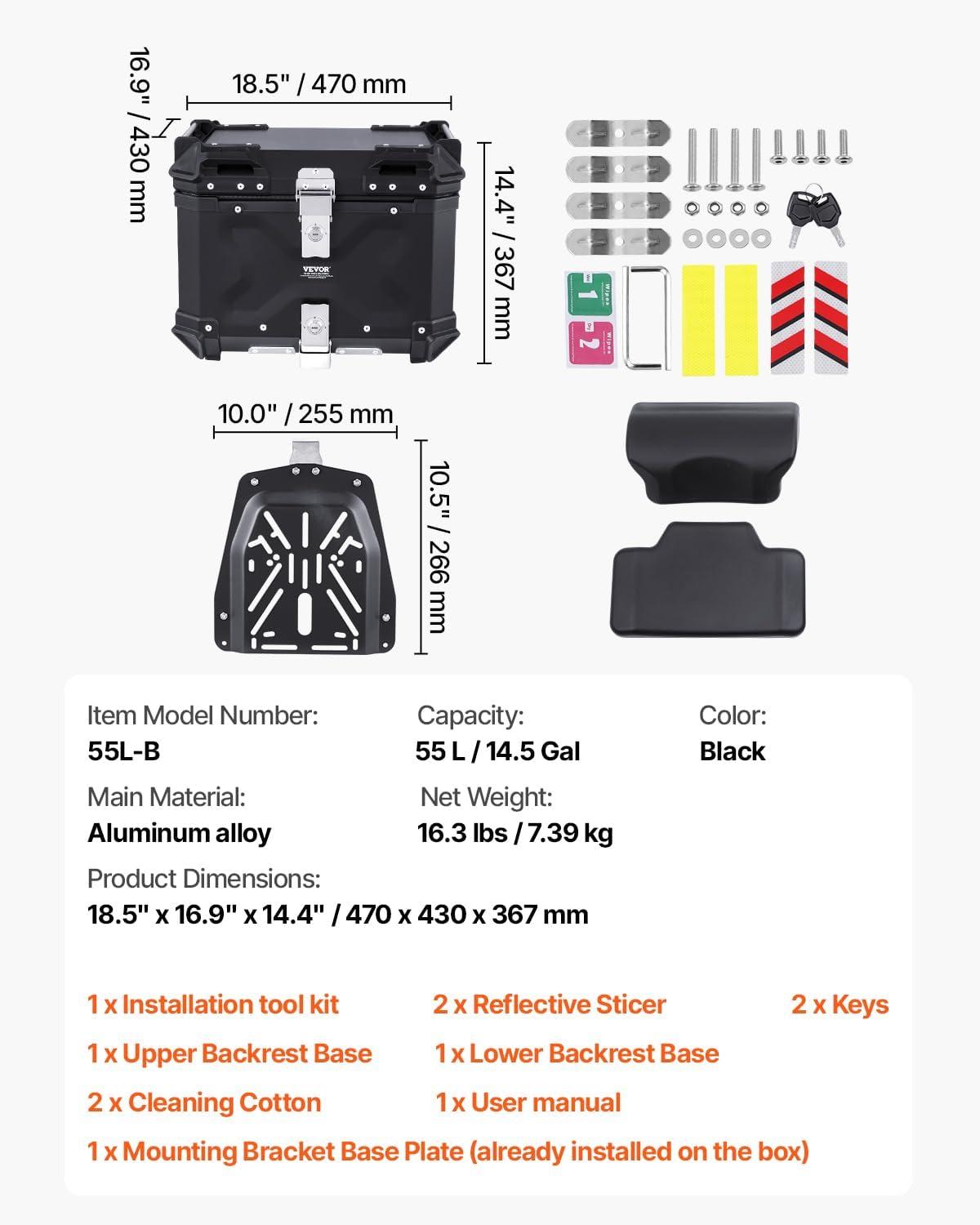 image:imageVEVOR 55L Universal Aluminum Alloy Motorbike Tail Box with Leather Lining Waterproof Detachable Motorcycle Top Box with Lock amp Back Cushion Fit for 99 of Motorcycle Frames