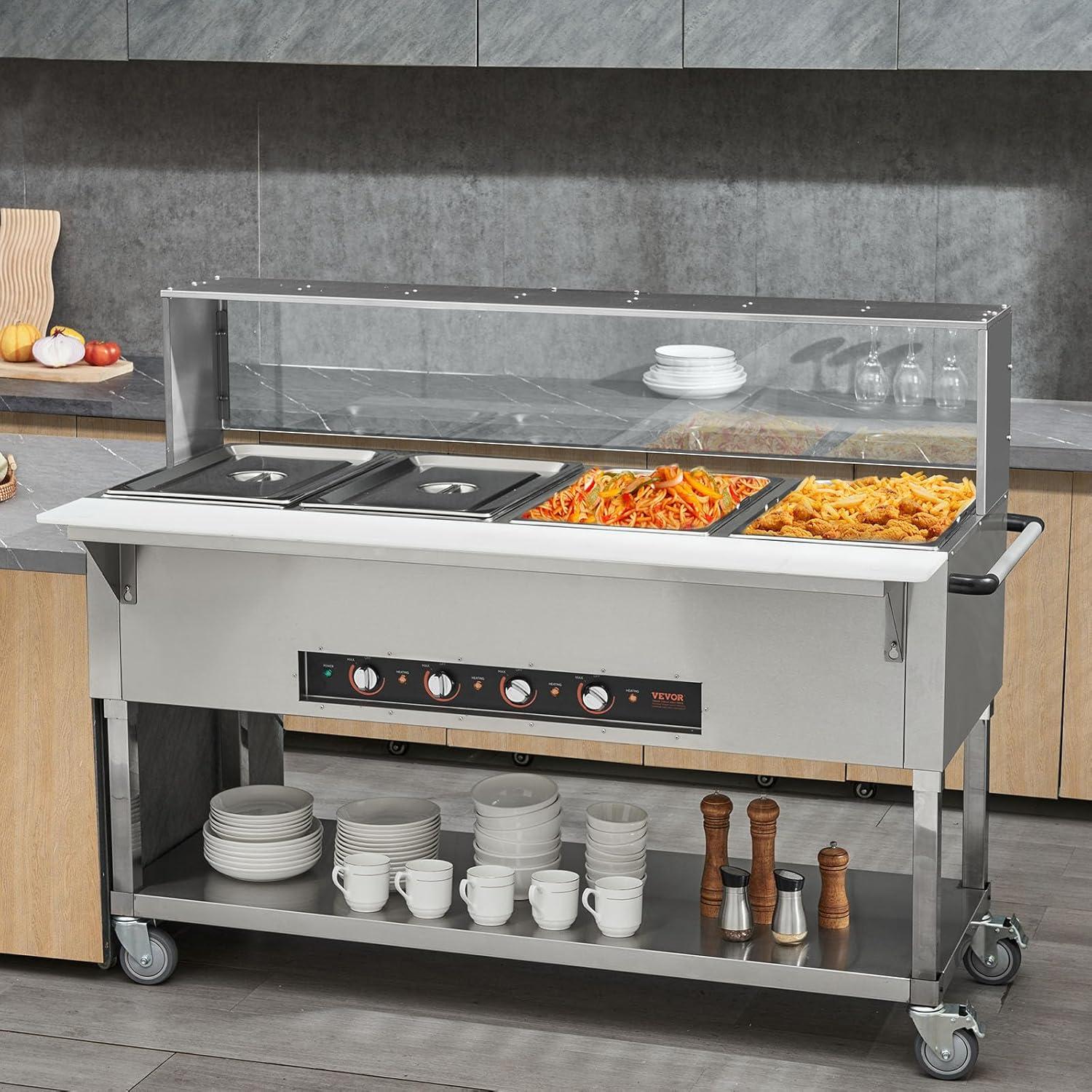image:imageVEVOR 5Pan Commercial Food Warmer 5 x 206QT Electric Steam Table 3750W Professional Buffet Catering Food Warmer with 4 Wheels 2 Lockable Food Grade Stainless Steel Server for Party Restaurant4 Pot with Guard