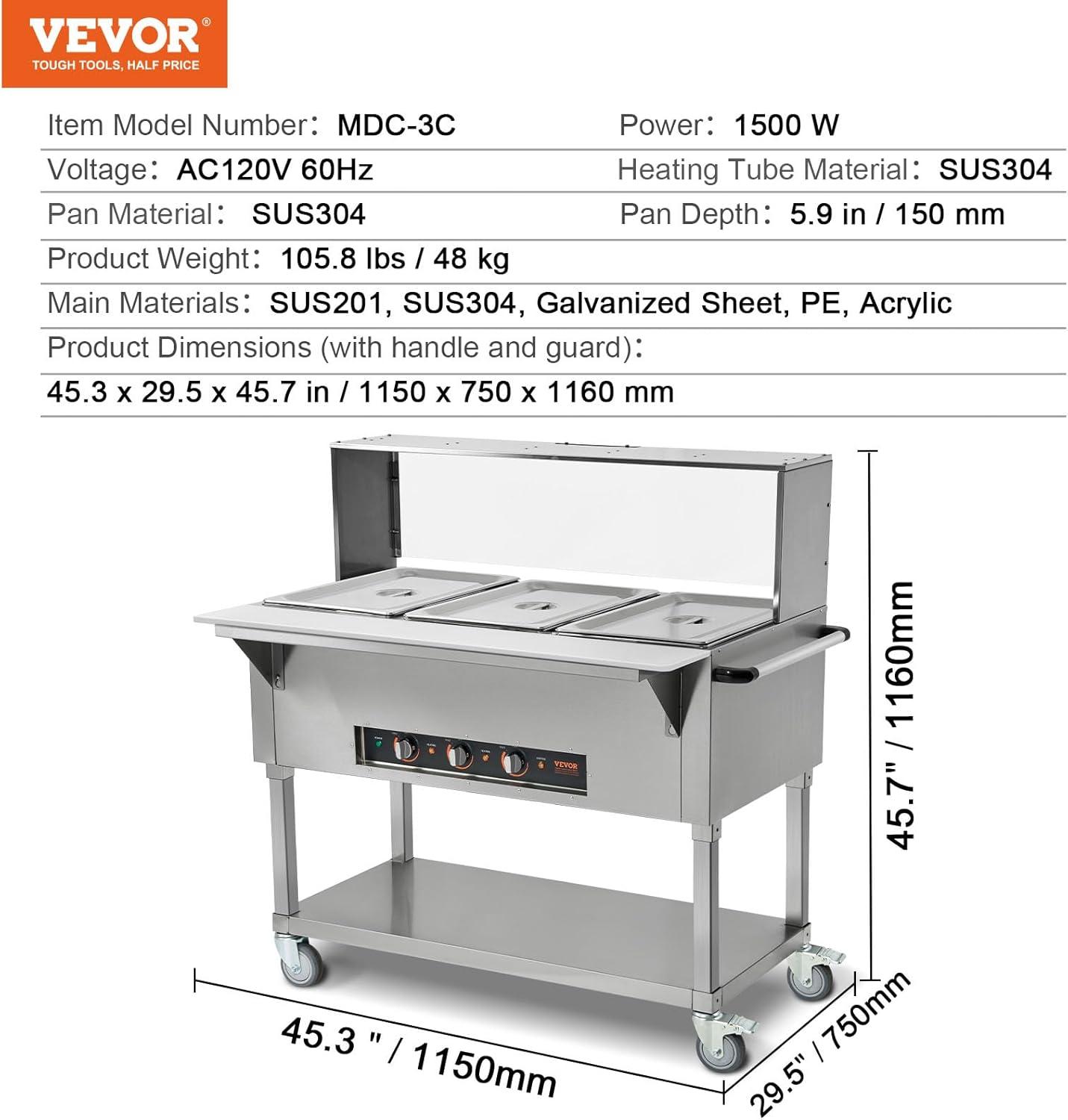 image:imageVEVOR 5Pan Commercial Food Warmer 5 x 206QT Electric Steam Table 3750W Professional Buffet Catering Food Warmer with 4 Wheels 2 Lockable Food Grade Stainless Steel Server for Party Restaurant3 Pot with Guard