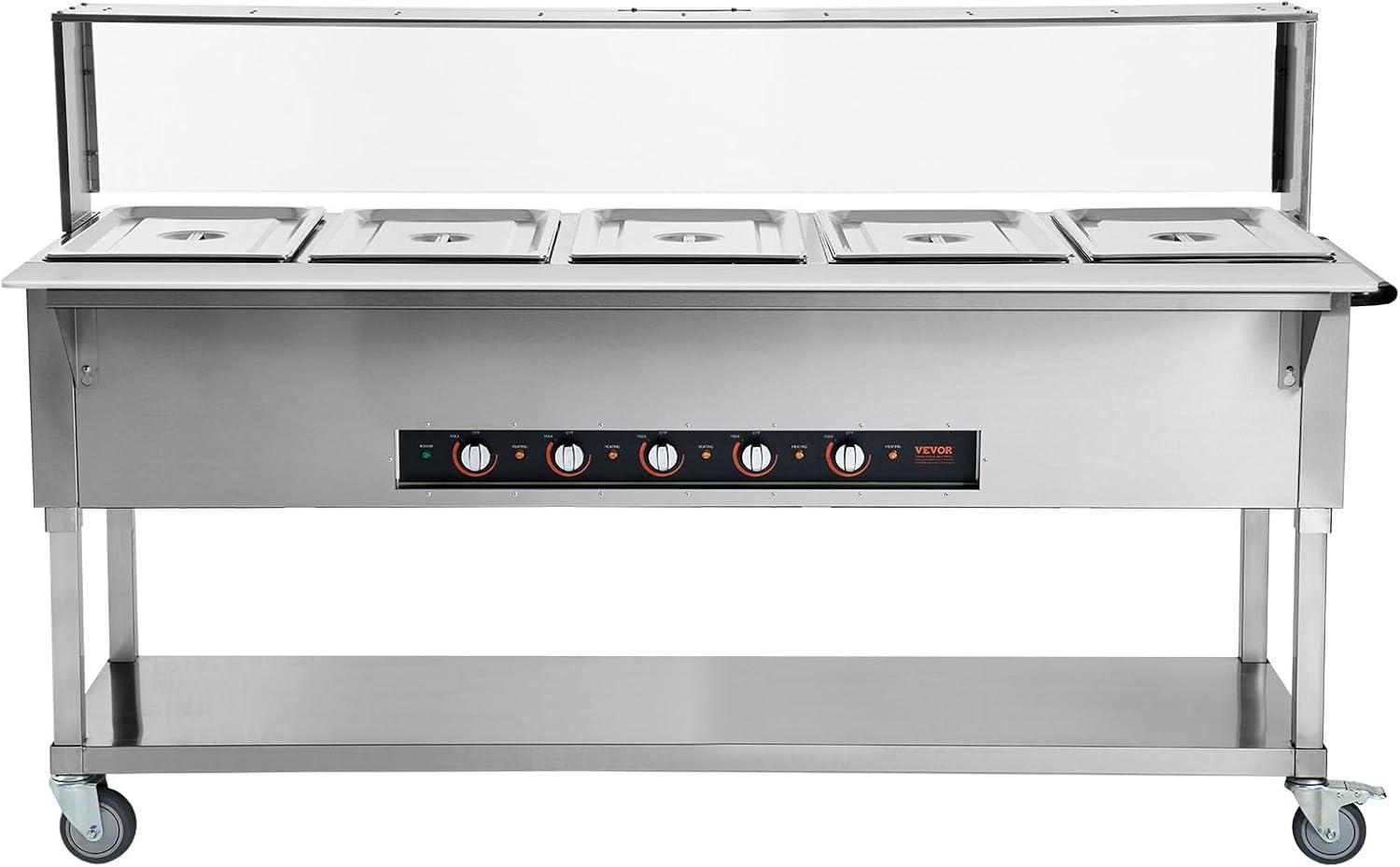 image:imageVEVOR 5Pan Commercial Food Warmer 5 x 206QT Electric Steam Table 3750W Professional Buffet Catering Food Warmer with 4 Wheels 2 Lockable Food Grade Stainless Steel Server for Party Restaurant5 Pot with Guard