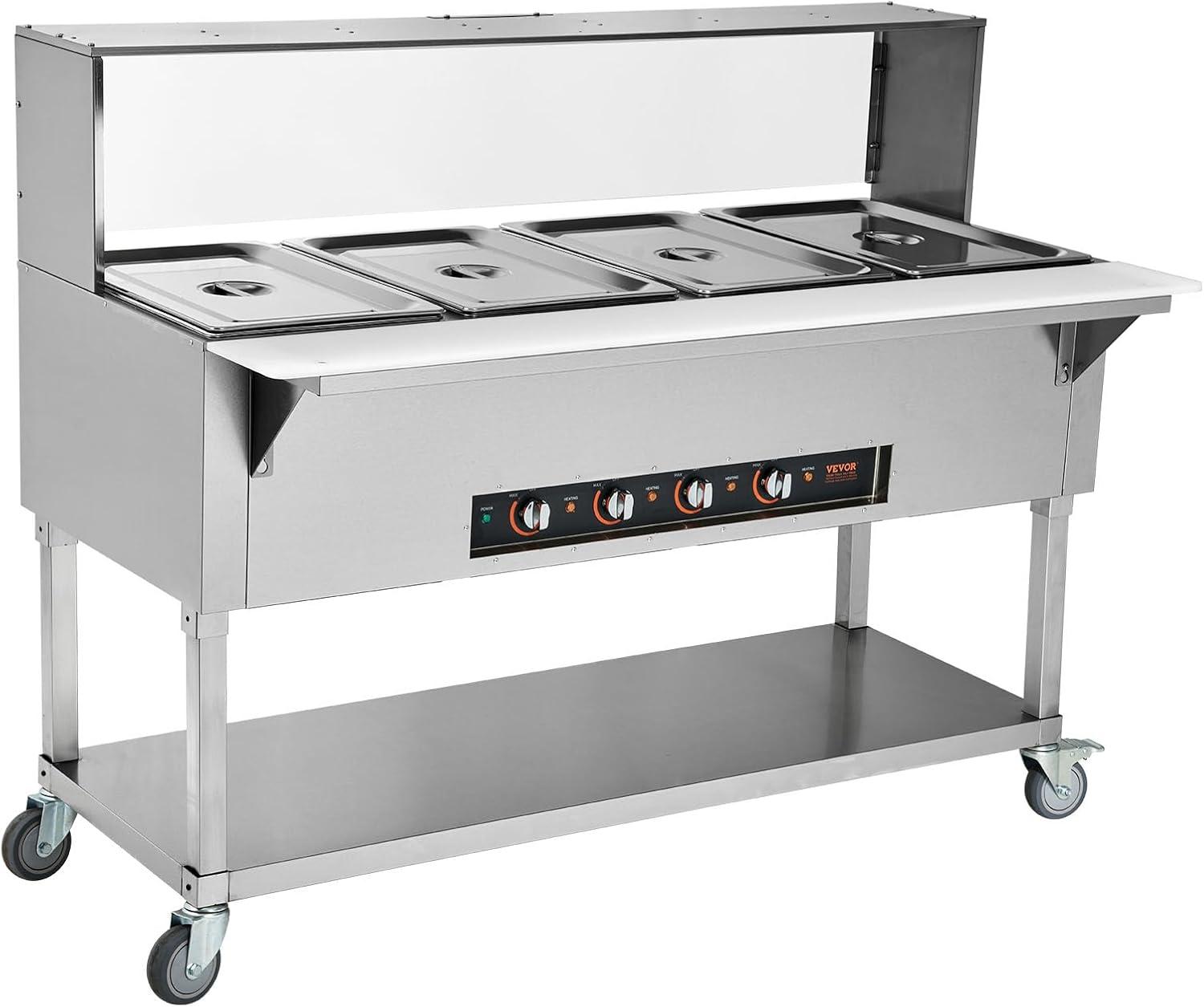 image:imageVEVOR 5Pan Commercial Food Warmer 5 x 206QT Electric Steam Table 3750W Professional Buffet Catering Food Warmer with 4 Wheels 2 Lockable Food Grade Stainless Steel Server for Party Restaurant4 Pot with Guard