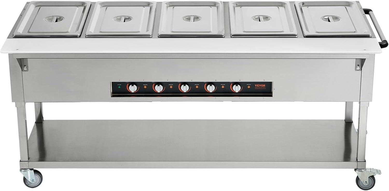image:imageVEVOR 5Pan Commercial Food Warmer 5 x 206QT Electric Steam Table 3750W Professional Buffet Catering Food Warmer with 4 Wheels 2 Lockable Food Grade Stainless Steel Server for Party Restaurant5Pan