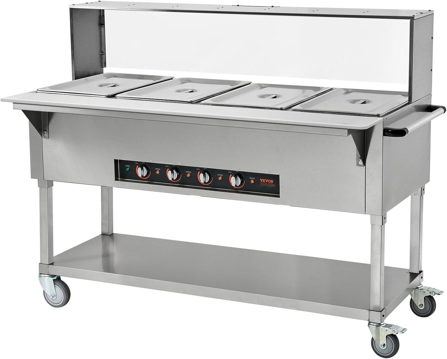 image:imageVEVOR 5Pan Commercial Food Warmer 5 x 206QT Electric Steam Table 3750W Professional Buffet Catering Food Warmer with 4 Wheels 2 Lockable Food Grade Stainless Steel Server for Party Restaurant4 Pot with Guard