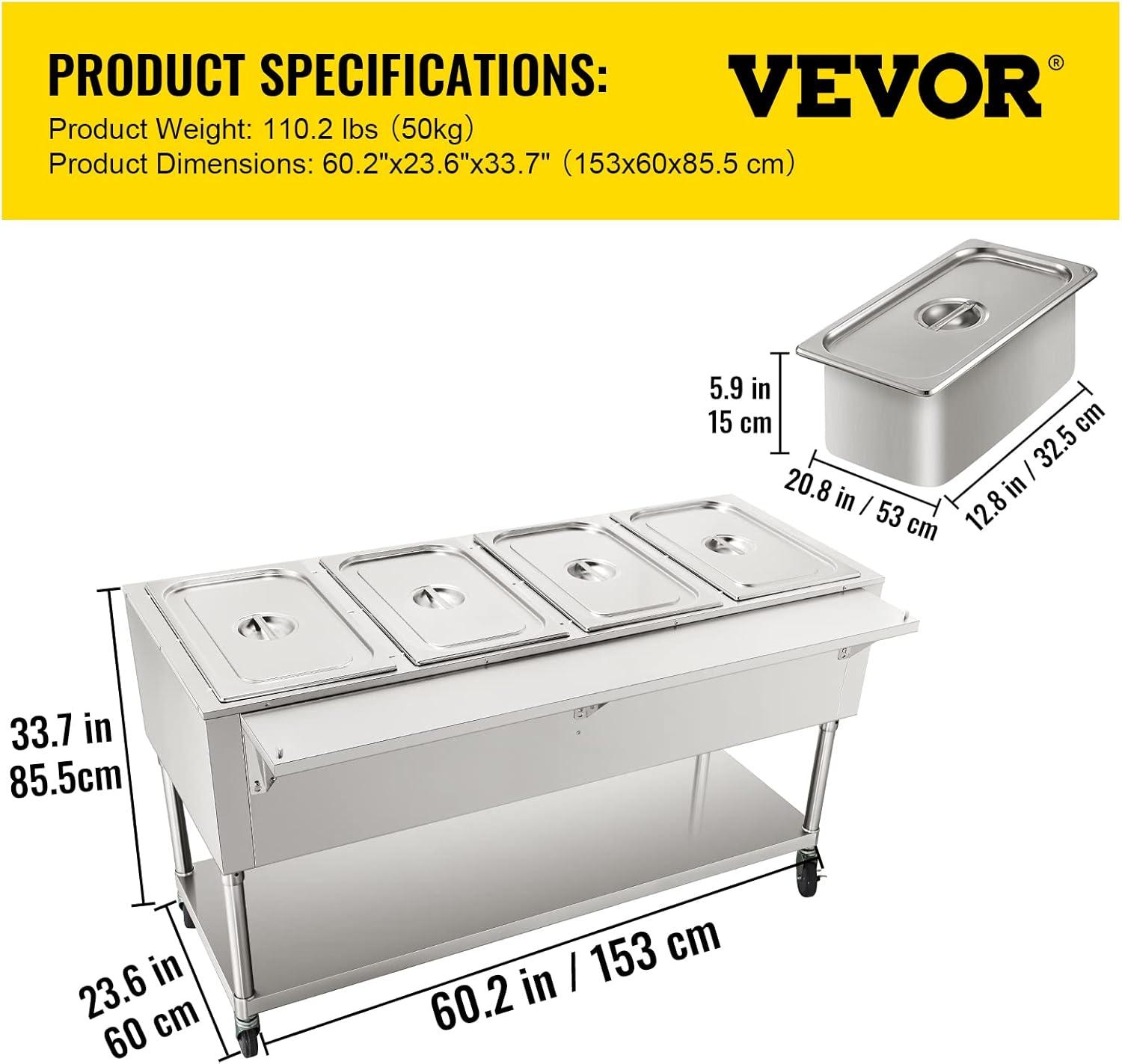 image:imageVEVOR 5Pan Commercial Food Warmer 5 x 206QT Electric Steam Table 3750W Professional Buffet Catering Food Warmer with 4 Wheels 2 Lockable Food Grade Stainless Steel Server for Party Restaurant4 Well