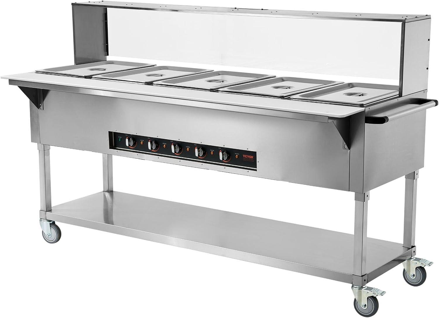 image:imageVEVOR 5Pan Commercial Food Warmer 5 x 206QT Electric Steam Table 3750W Professional Buffet Catering Food Warmer with 4 Wheels 2 Lockable Food Grade Stainless Steel Server for Party Restaurant5 Pot with Guard