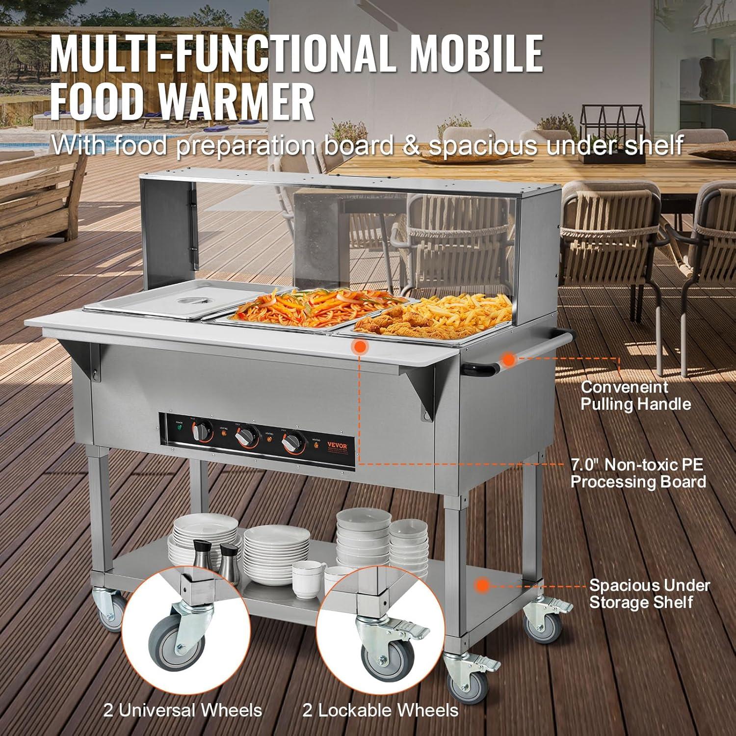 image:imageVEVOR 5Pan Commercial Food Warmer 5 x 206QT Electric Steam Table 3750W Professional Buffet Catering Food Warmer with 4 Wheels 2 Lockable Food Grade Stainless Steel Server for Party Restaurant3 Pot with Guard