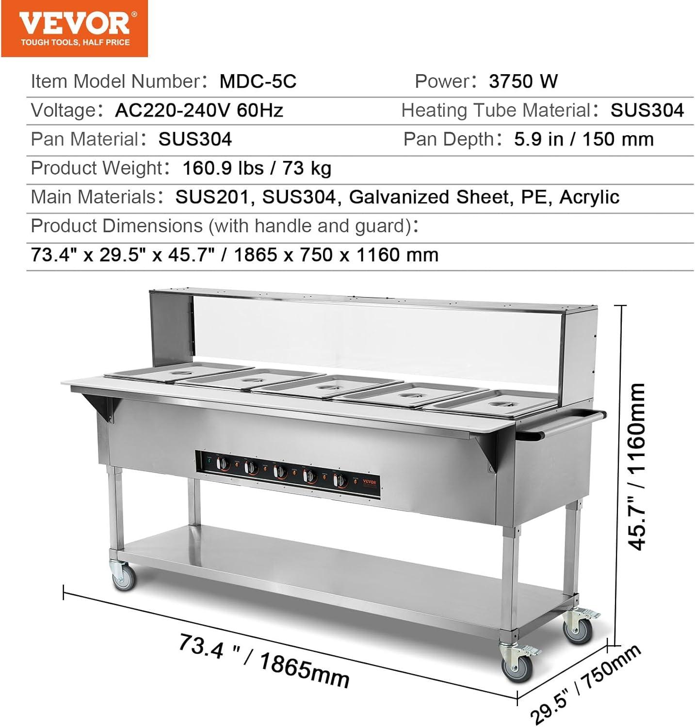 image:imageVEVOR 5Pan Commercial Food Warmer 5 x 206QT Electric Steam Table 3750W Professional Buffet Catering Food Warmer with 4 Wheels 2 Lockable Food Grade Stainless Steel Server for Party Restaurant5 Pot with Guard
