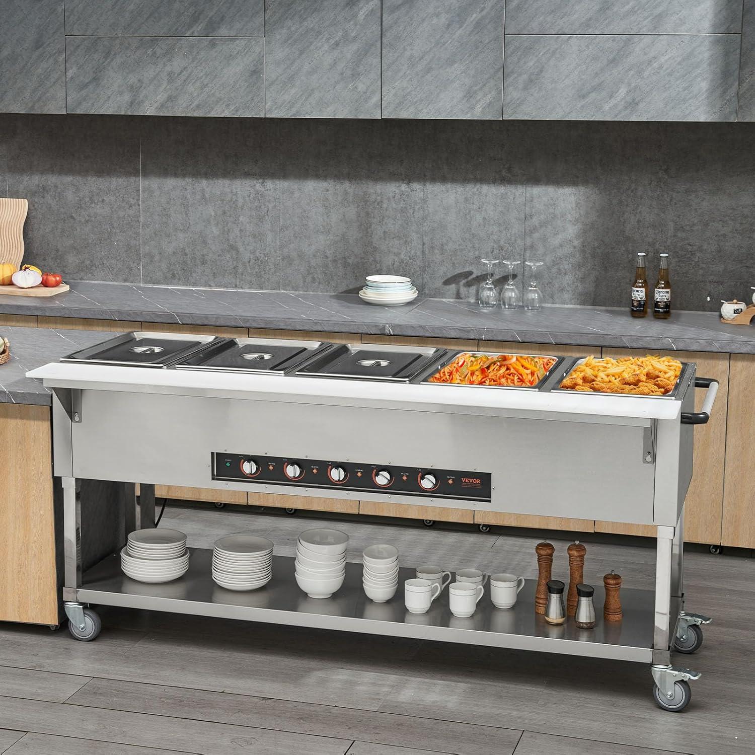 image:imageVEVOR 5Pan Commercial Food Warmer 5 x 206QT Electric Steam Table 3750W Professional Buffet Catering Food Warmer with Acrylic Sneeze Guard Food Grade Stainless Steel Server for Party Restaurant5Pan