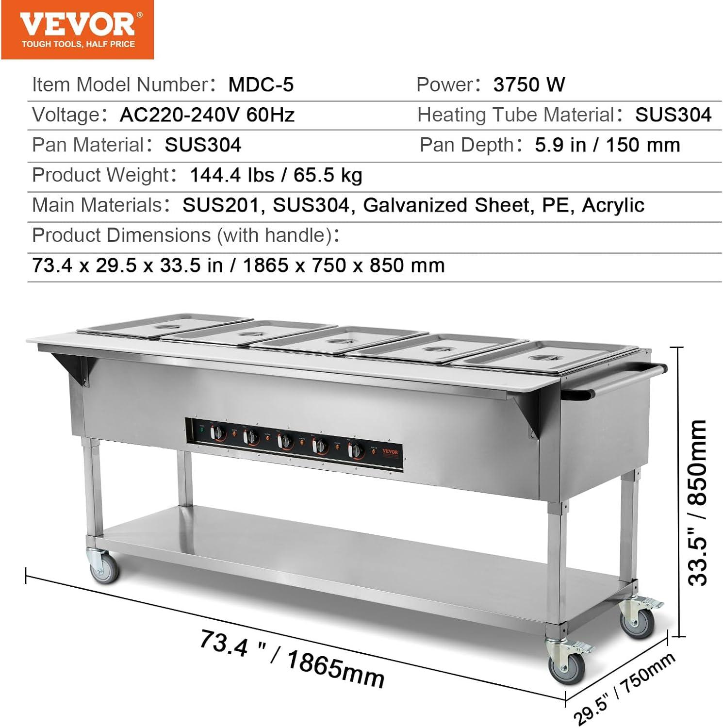 image:imageVEVOR 5Pan Commercial Food Warmer 5 x 206QT Electric Steam Table 3750W Professional Buffet Catering Food Warmer with Acrylic Sneeze Guard Food Grade Stainless Steel Server for Party Restaurant5Pan