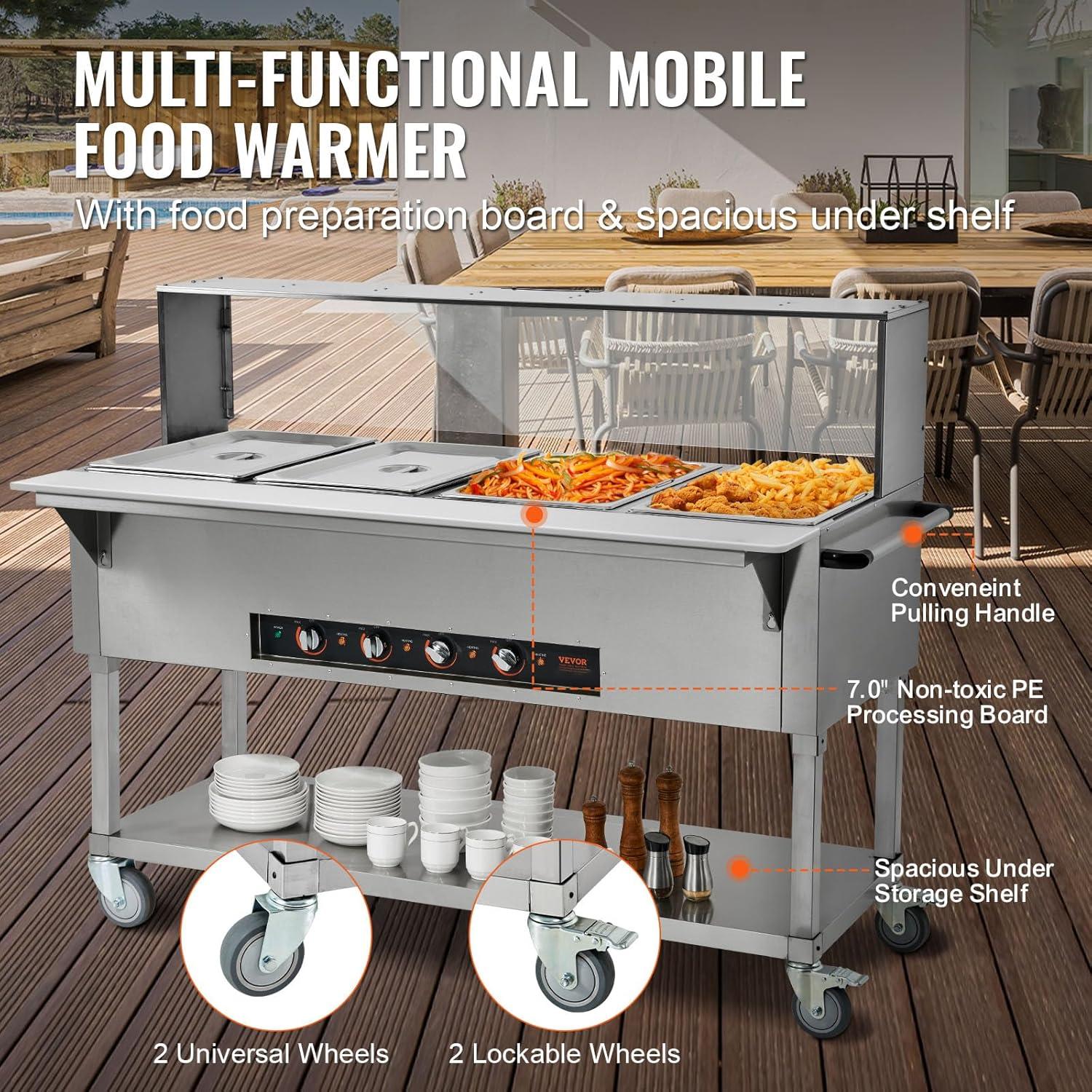 image:imageVEVOR 5Pan Commercial Food Warmer 5 x 206QT Electric Steam Table 3750W Professional Buffet Catering Food Warmer with Acrylic Sneeze Guard Food Grade Stainless Steel Server for Party Restaurant4 Pot with Guard