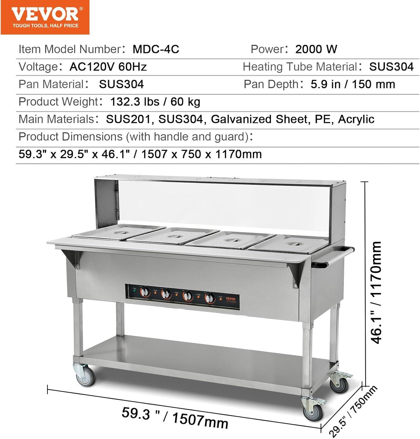 image:imageVEVOR 5Pan Commercial Food Warmer 5 x 206QT Electric Steam Table 3750W Professional Buffet Catering Food Warmer with Acrylic Sneeze Guard Food Grade Stainless Steel Server for Party Restaurant4 Pot with Guard