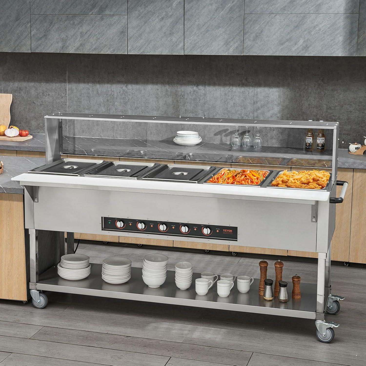 image:imageVEVOR 5Pan Commercial Food Warmer 5 x 206QT Electric Steam Table 3750W Professional Buffet Catering Food Warmer with Acrylic Sneeze Guard Food Grade Stainless Steel Server for Party Restaurant5 Pot with Guard
