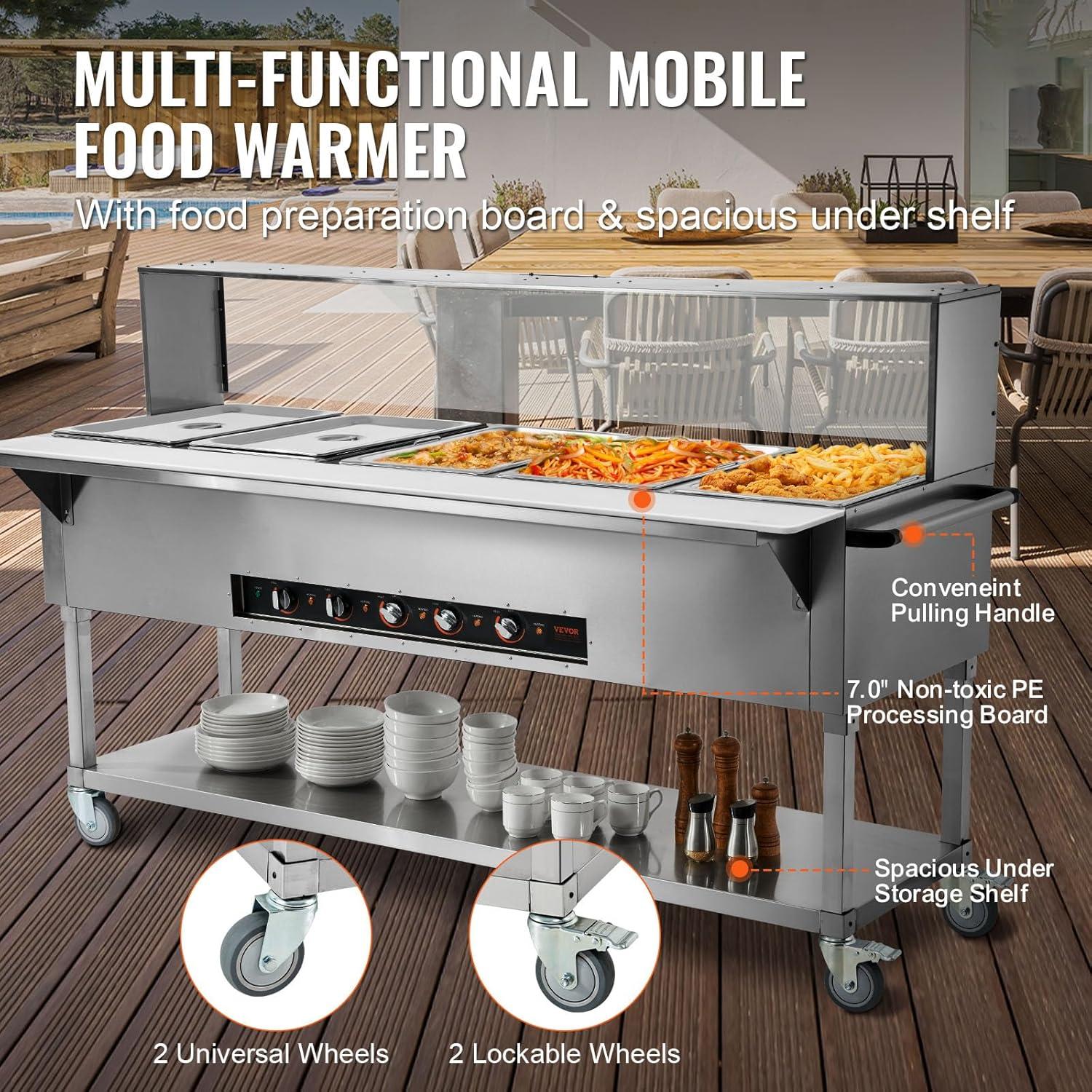 image:imageVEVOR 5Pan Commercial Food Warmer 5 x 206QT Electric Steam Table 3750W Professional Buffet Catering Food Warmer with Acrylic Sneeze Guard Food Grade Stainless Steel Server for Party Restaurant5 Pot with Guard