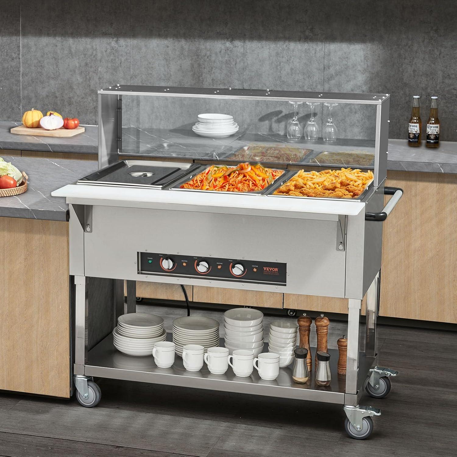 image:imageVEVOR 5Pan Commercial Food Warmer 5 x 206QT Electric Steam Table 3750W Professional Buffet Catering Food Warmer with Acrylic Sneeze Guard Food Grade Stainless Steel Server for Party Restaurant3 Pot with Guard