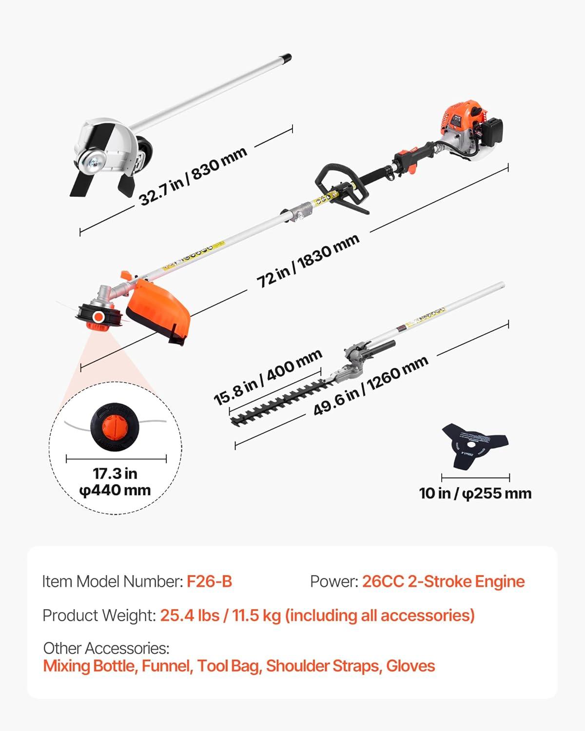 image:imageVEVOR 5in1 26cc 2 Cycle Gas Powered Dual Sided Hedge Trimmer Weed Eater String Trimmer Edger Pole Saw Chainsaw Pruner with EPA CE and EMC Certification26cc 4in1 Gas Hedge Trimmer String Trimmer Brush Cutter Edger