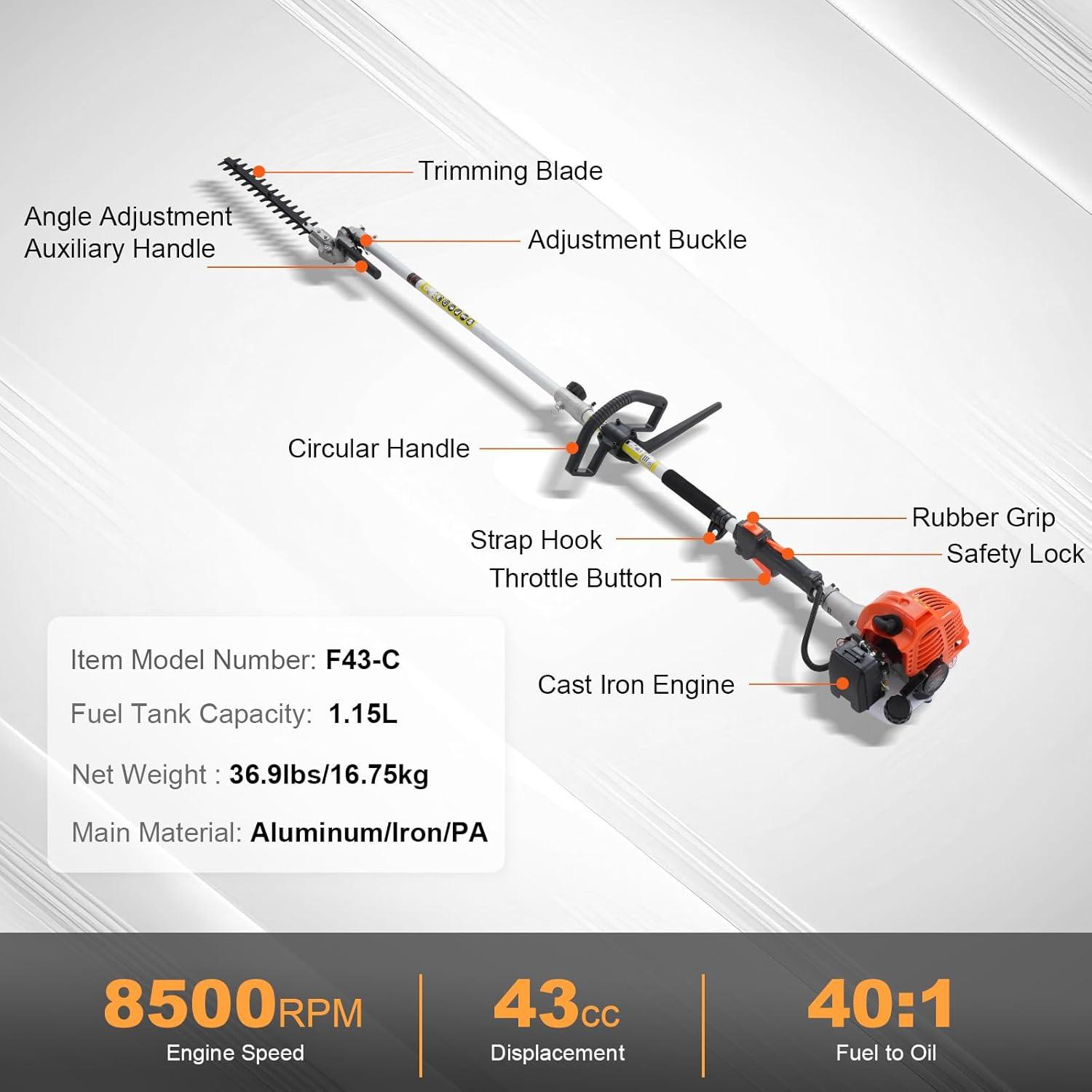 image:imageVEVOR 5in1 26cc 2 Cycle Gas Powered Dual Sided Hedge Trimmer Weed Eater String Trimmer Edger Pole Saw Chainsaw Pruner with EPA CE and EMC Certification43cc 6in1 Gas Hedge Trimmer